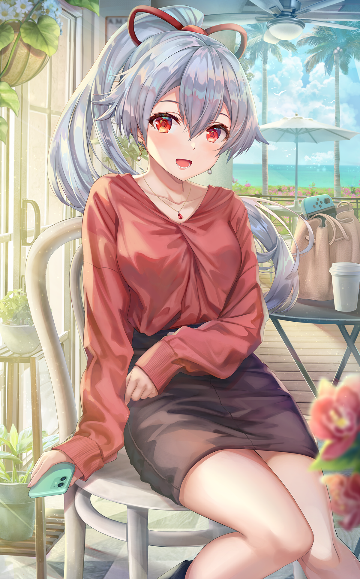 Red Clothing White Hair Looking At Viewer Long Hair Anime Girls Red Eyes Coffee Nintendo Switch 1200x1928