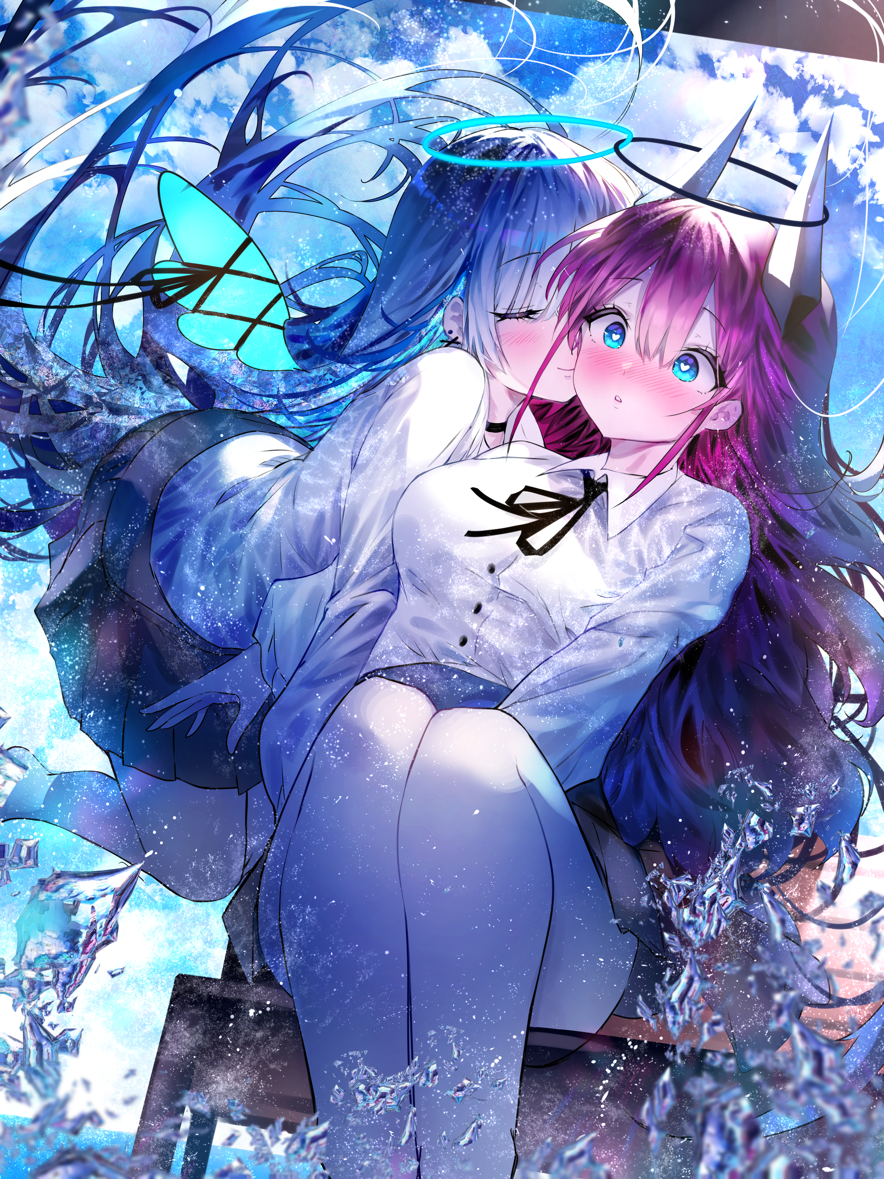 W Artist Pixiv Anime Anime Girls Portrait Display Long Hair Blushing Heart Eyes Sitting Water Sky Cl 3000x4000