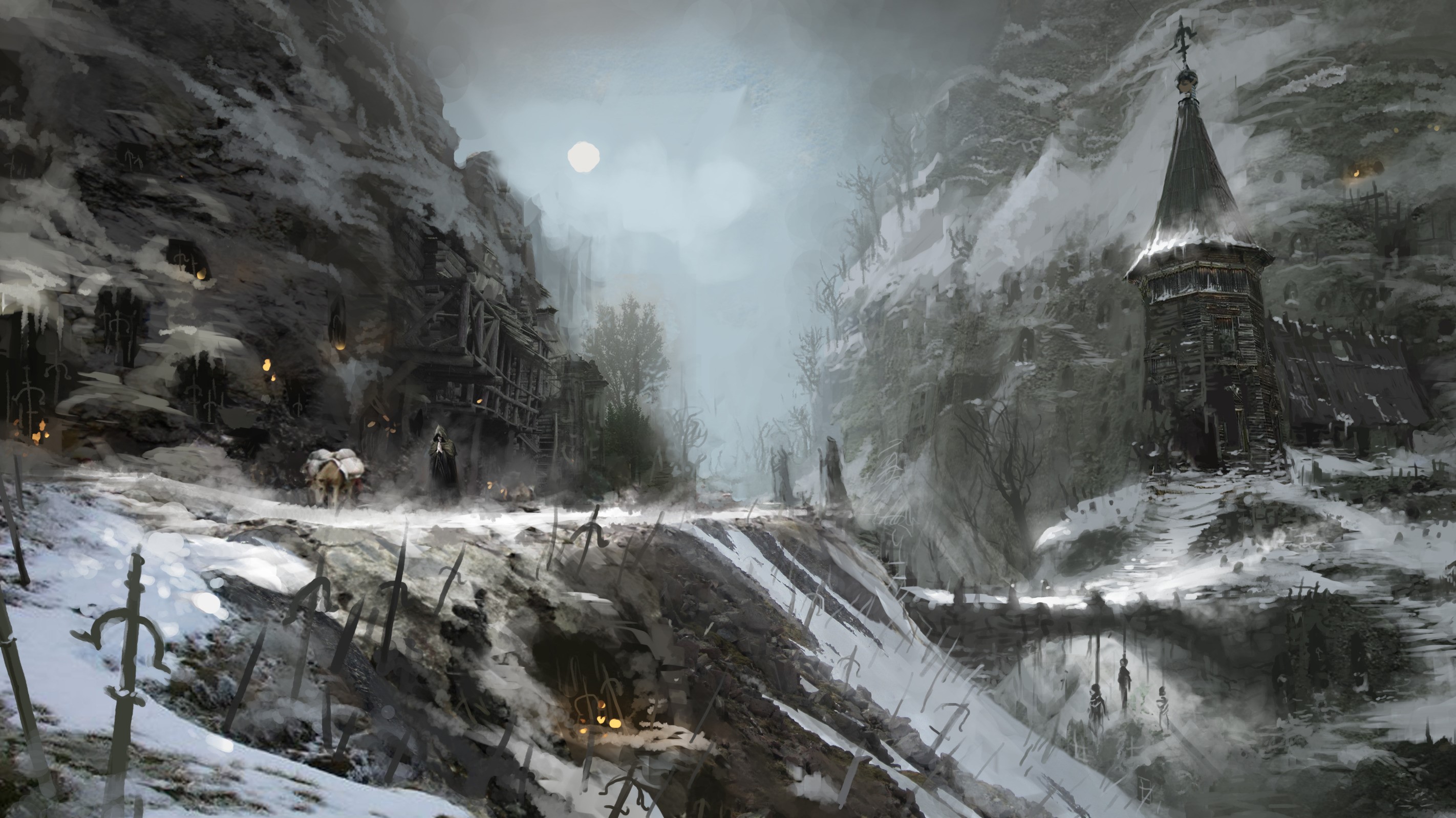 Diablo Diablo IV Video Games Full Moon Artwork Video Game Art Sword Snow Moon Mist Sky Trees 2844x1600