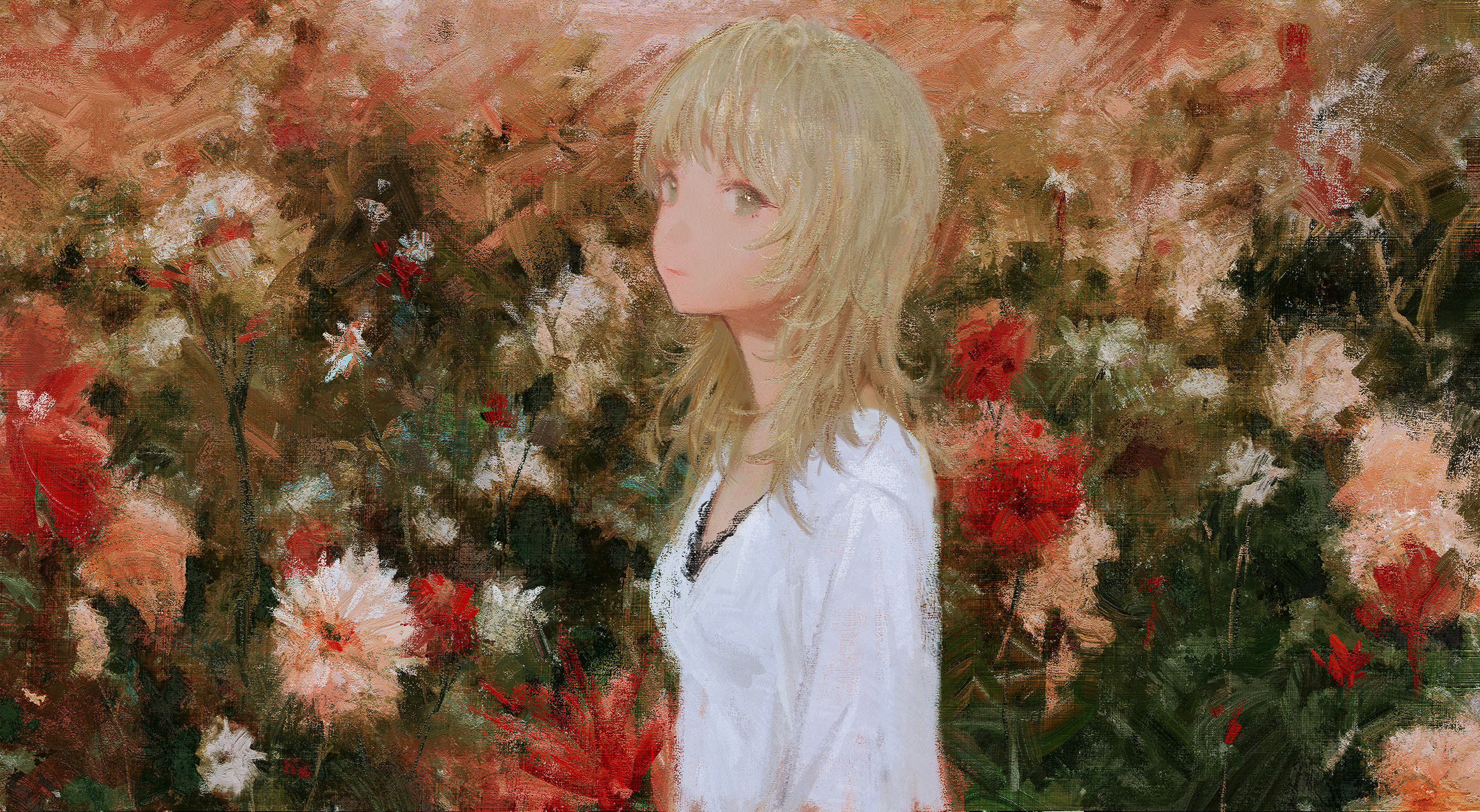 Blonde Long Hair Green Eyes Painting Digital Painting Flowers White Shirt Digital Art 2666x1463
