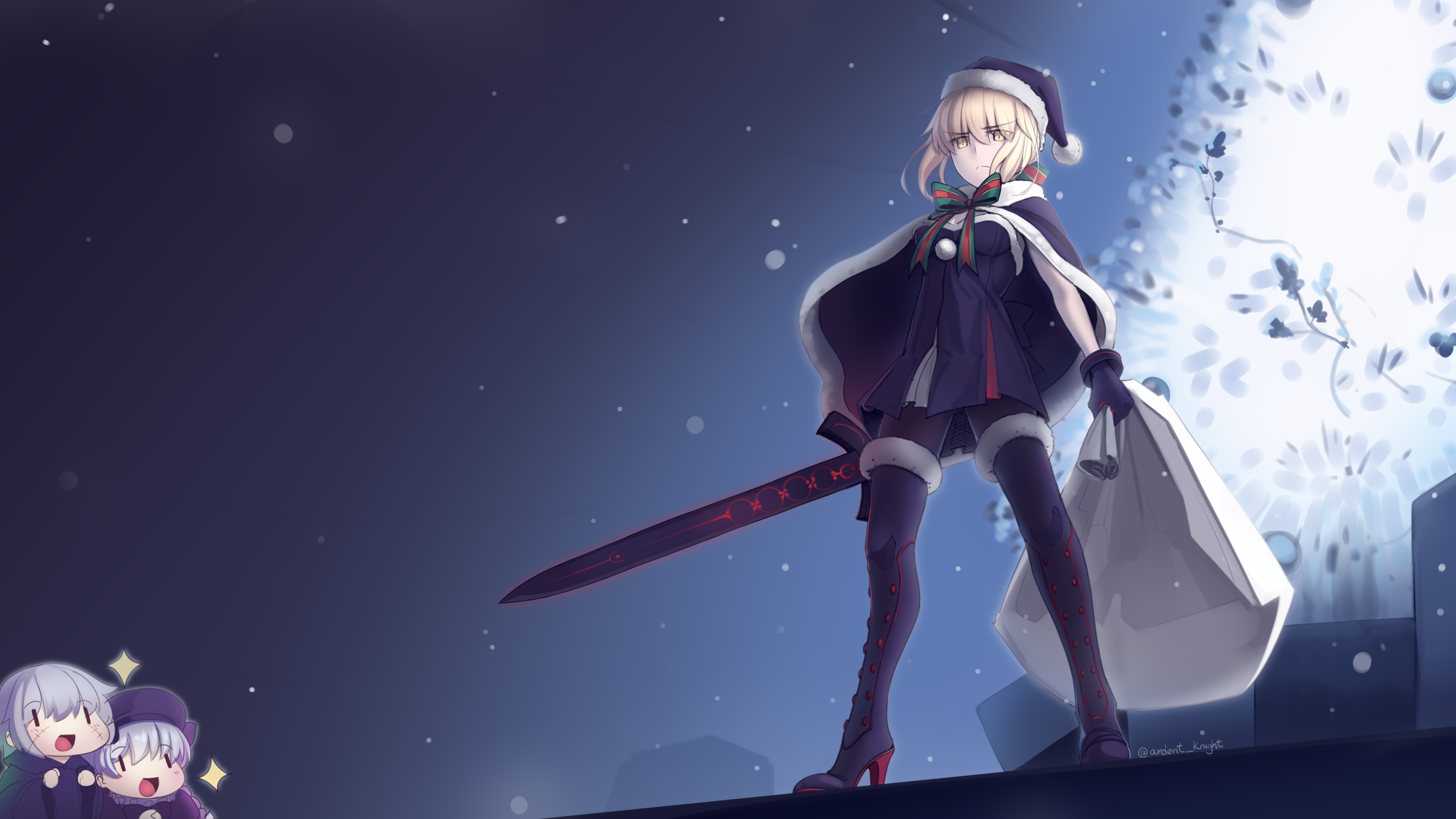 Artoria Pendragon Alter Fate Series Anime Girls Standing Christmas Christmas Clothes Night Sword Wea 3556x2000