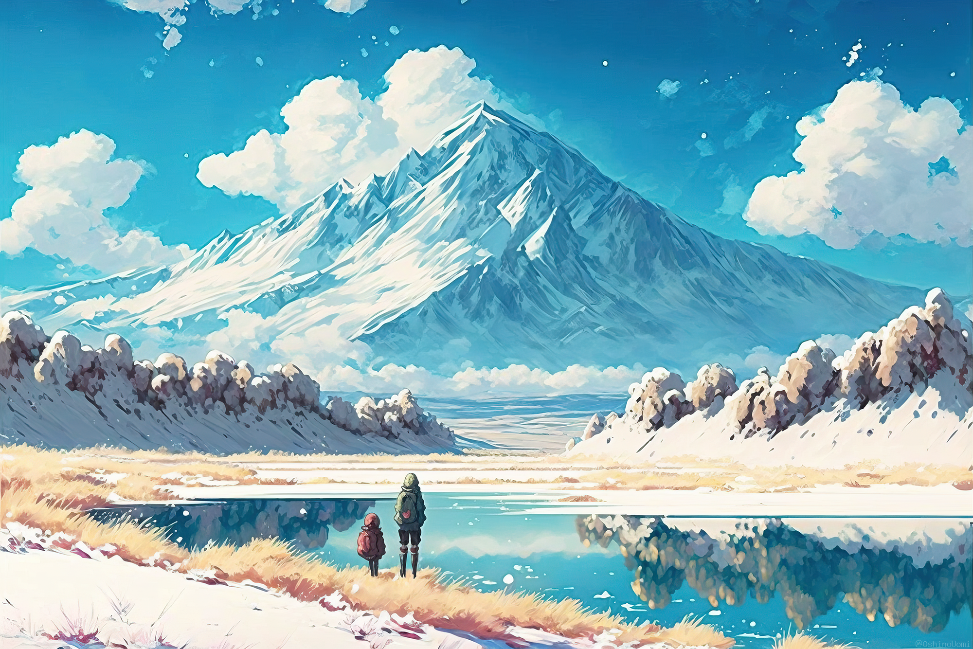 Uomi Ai Art Illustration Landscape Clouds Mountains Lake Ice Water Reflection Artwork 2000x1334