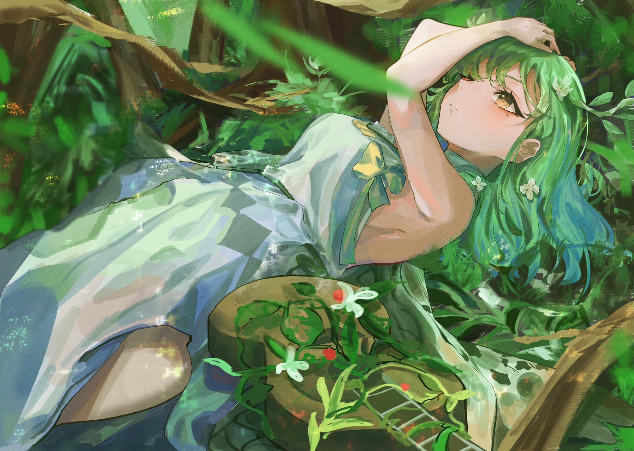 Anime Anime Girls Green Hair Yellow Eyes Guitar Musical Instrument Lying On Back Flower In Hair Mole 2048x1458