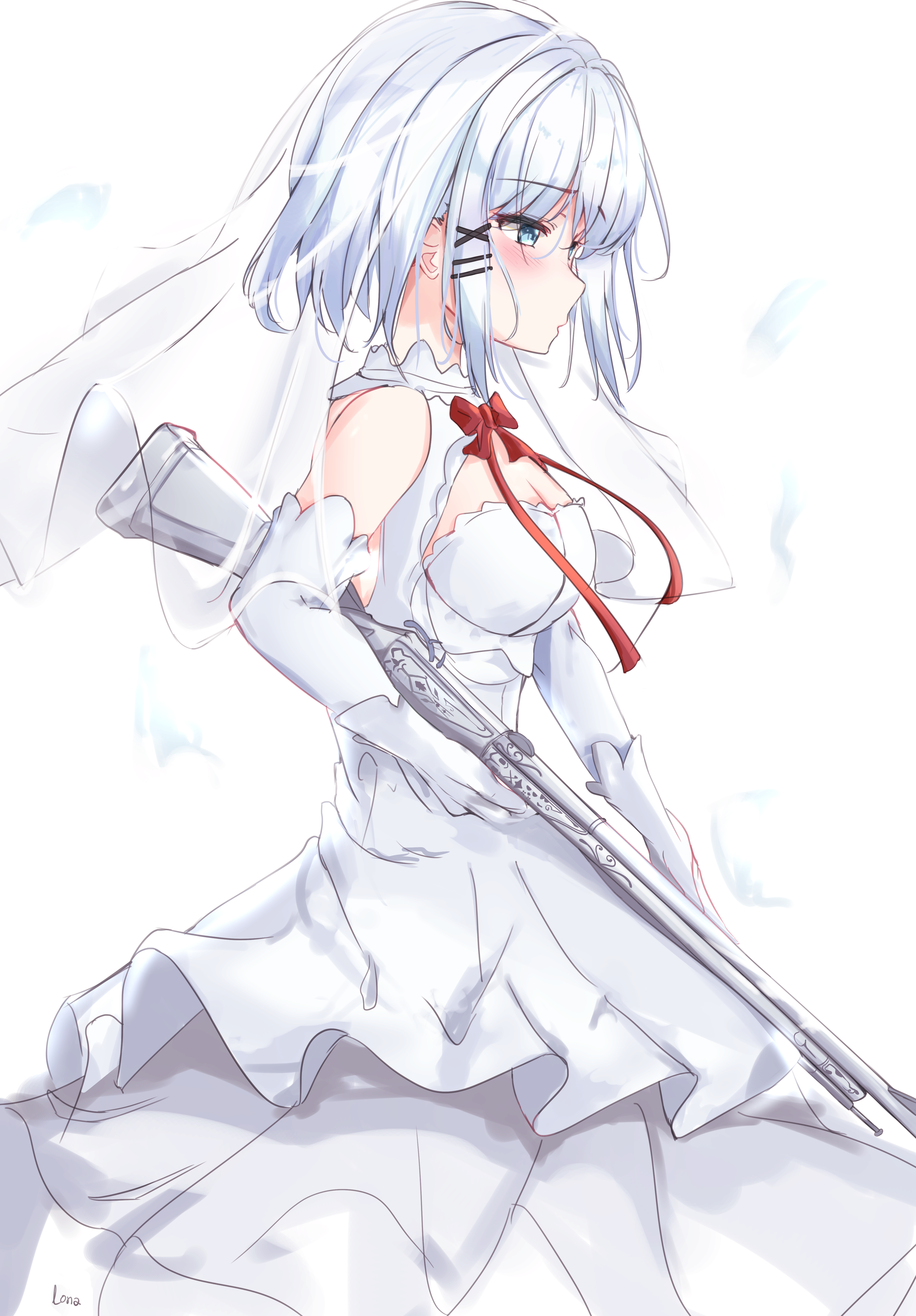 White Hair Siesta Short Hair Blue Eyes Tantei Wa Mou Shindeiru Wedding Dress Gun Looking Away Anime  4256x6112