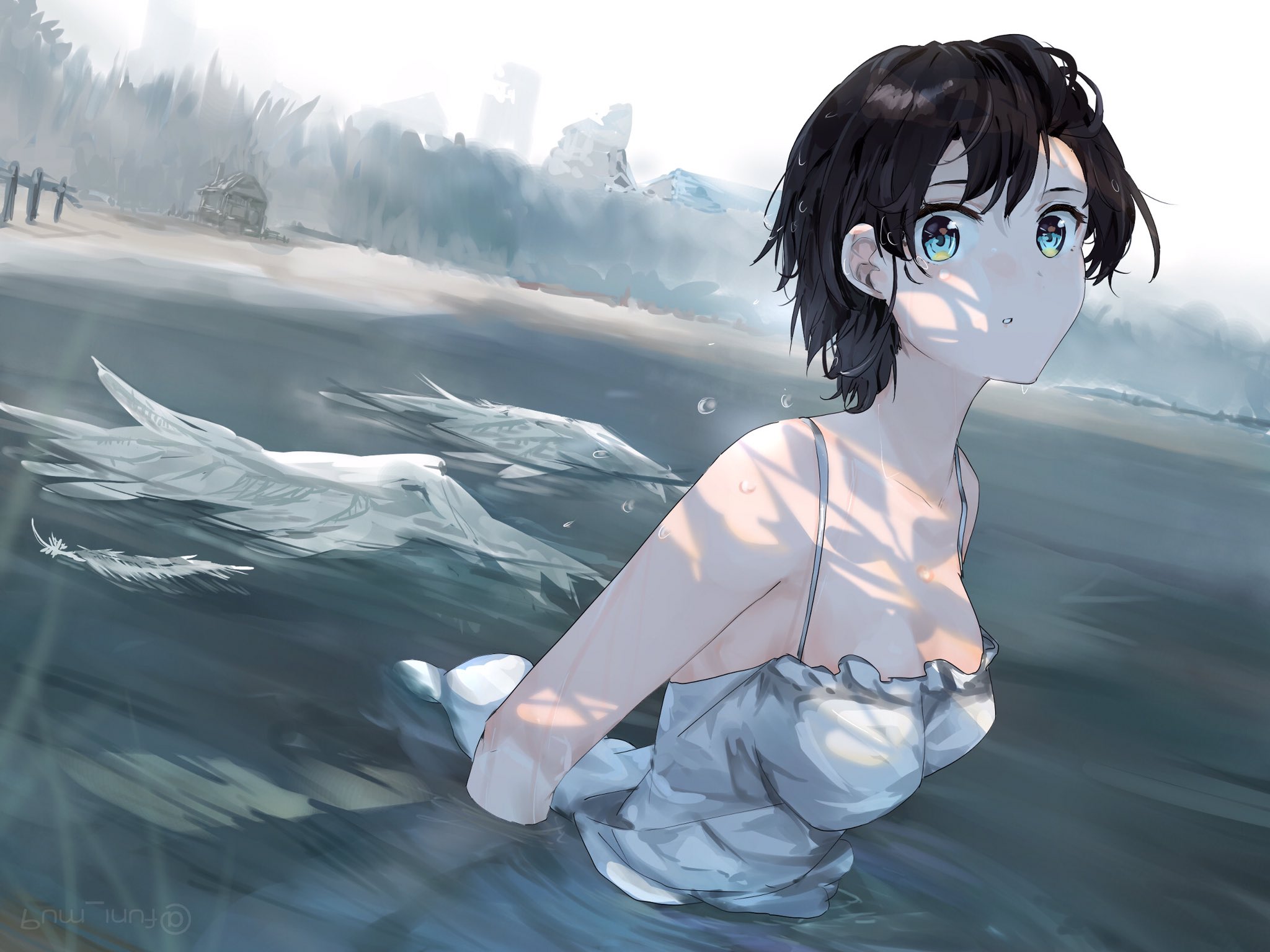Hololive Oozora Subaru Black Hair In Water Blue Eyes Virtual Youtuber Water Standing In Water Anime  2048x1536