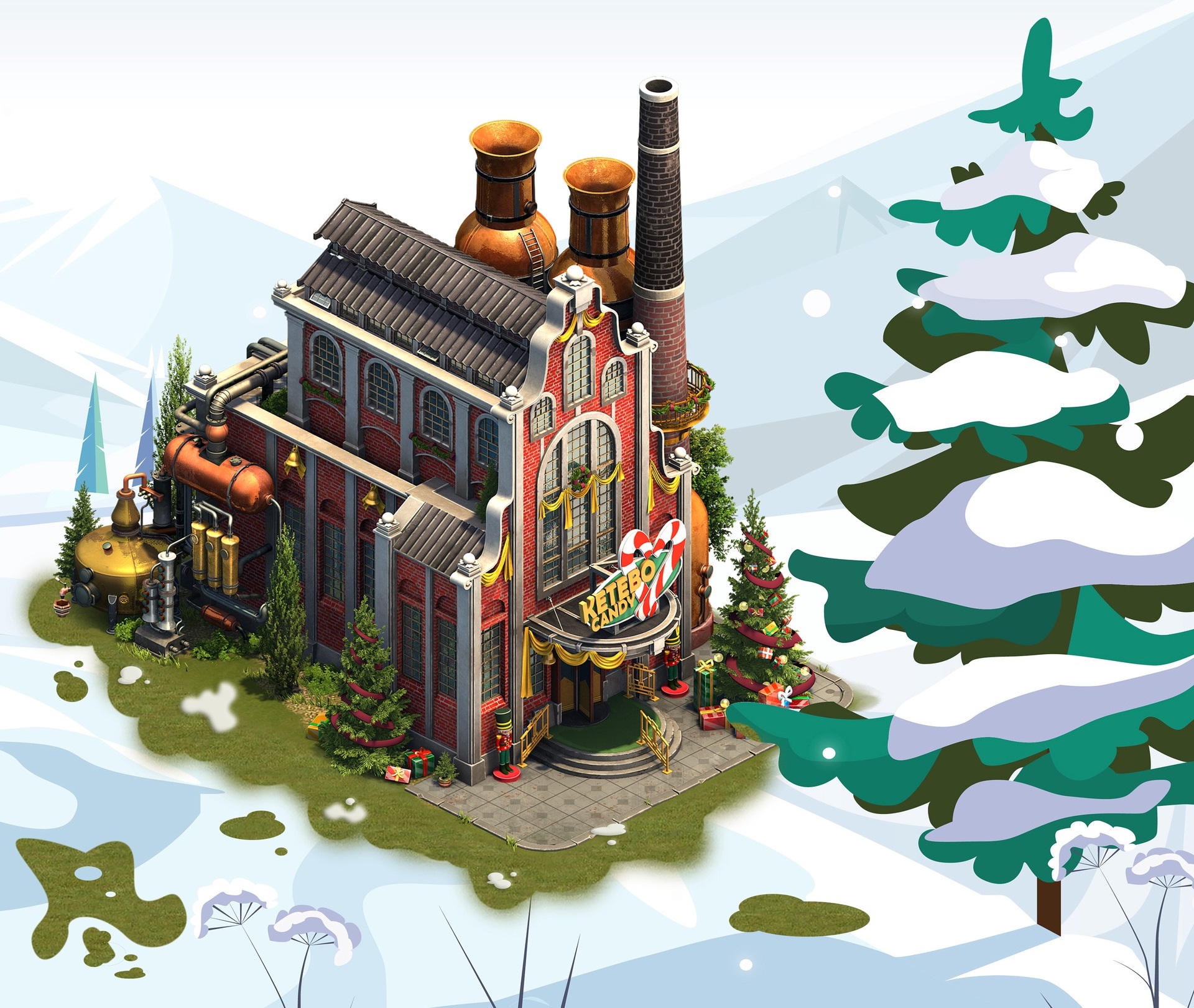 Video Games Forge Of Empires Factories Candy Chimneys Trees Snow Mountains Winter Christmas Tree Bui 1920x1621