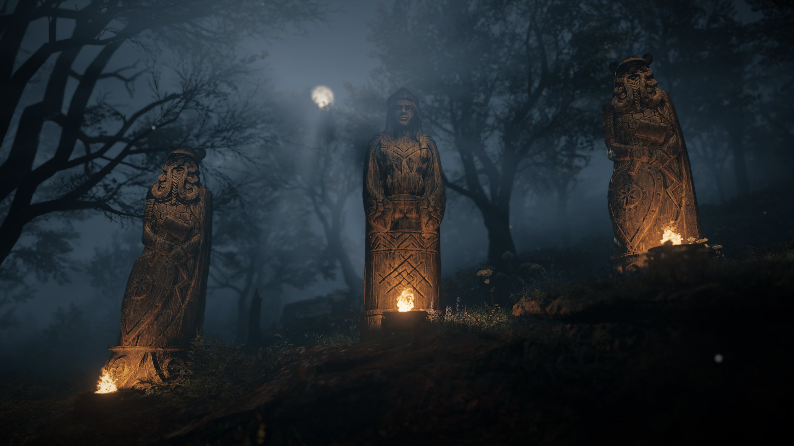 Assassins Creed Valhalla Statue Norse Mythology Night Screen Shot Video Games 2560x1440