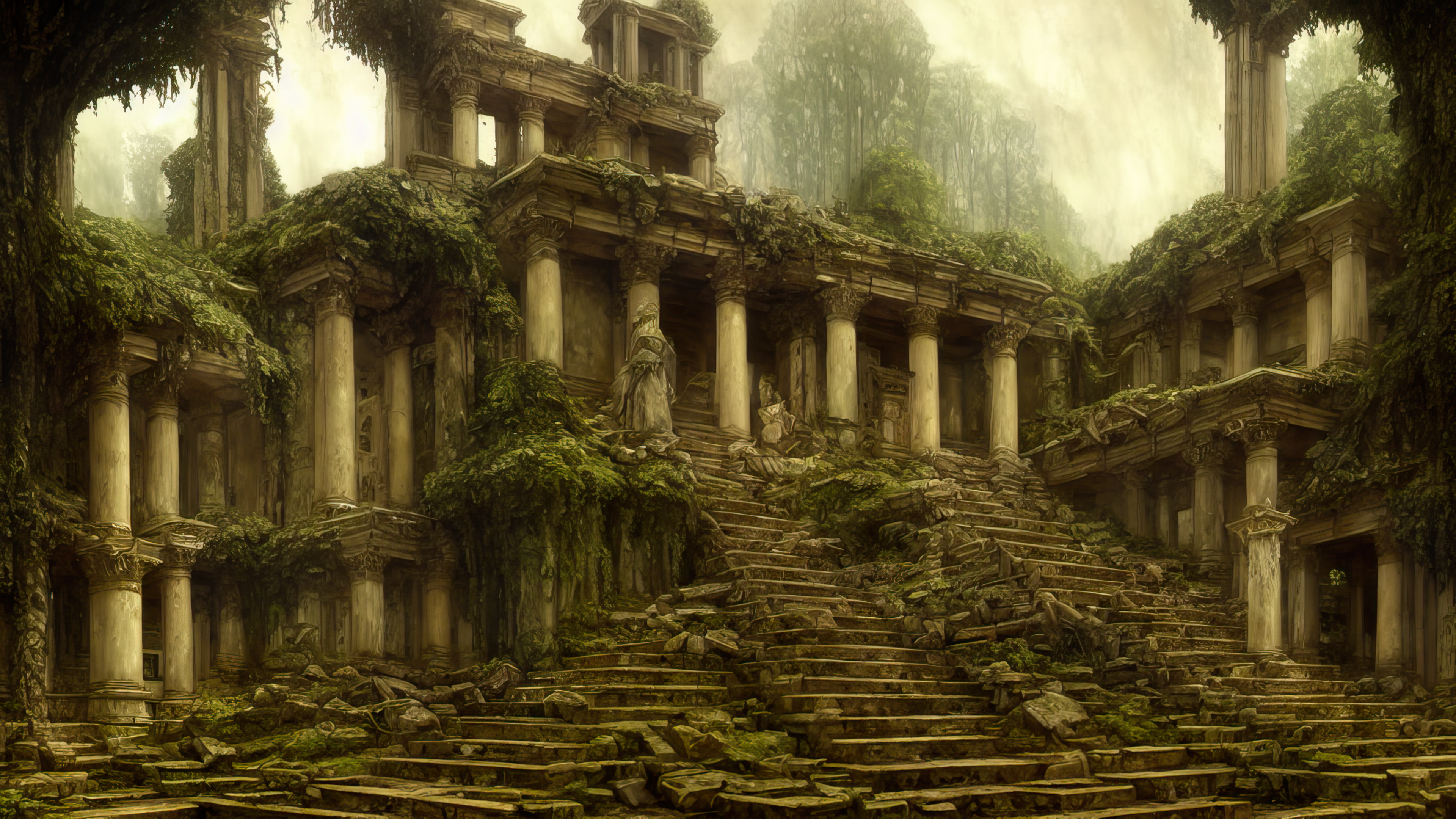 Ai Art Stable Diffusion Ancient Greece Ruins Temple Stairs Greek Columns Plants Forest Architecture 3840x2160
