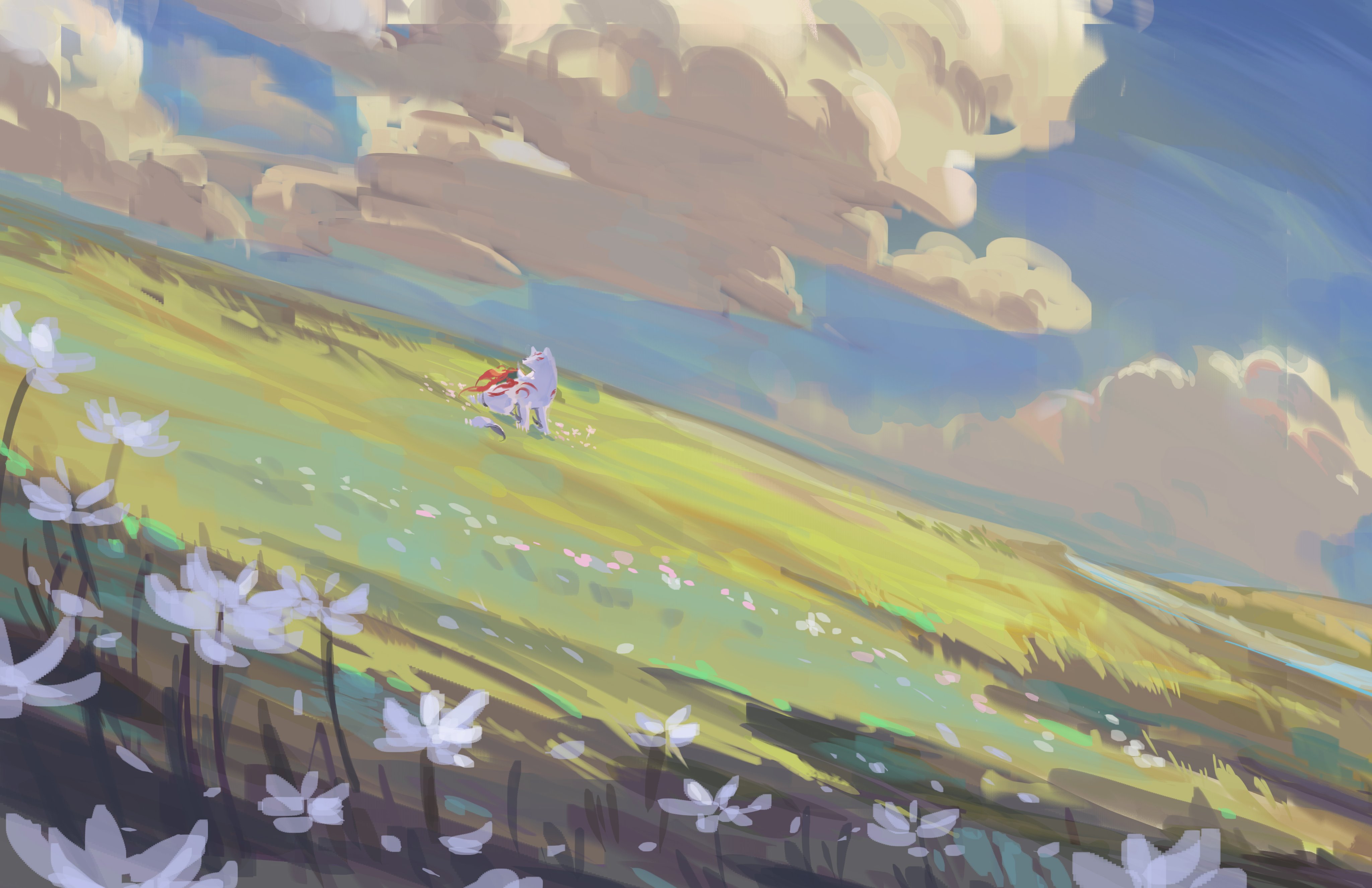 Okami Amaterasu Wolf Video Game Art Video Games Grass Flowers Clouds Field Video Game Characters Vid 4096x2650