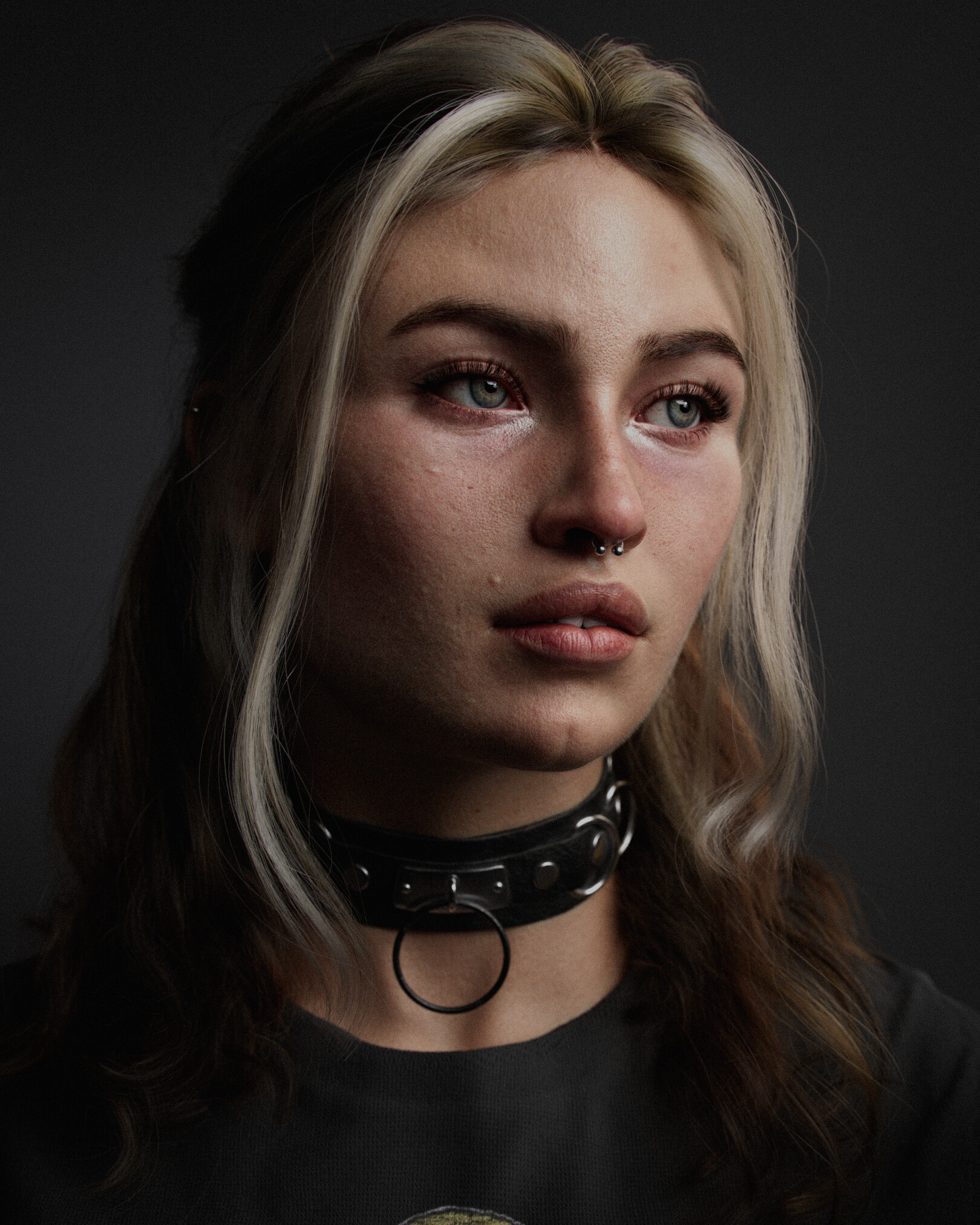Women Digital Art Artwork Face Portrait Blonde Nose Ring Looking Away Dark Background Collar Long Ha 1620x2025