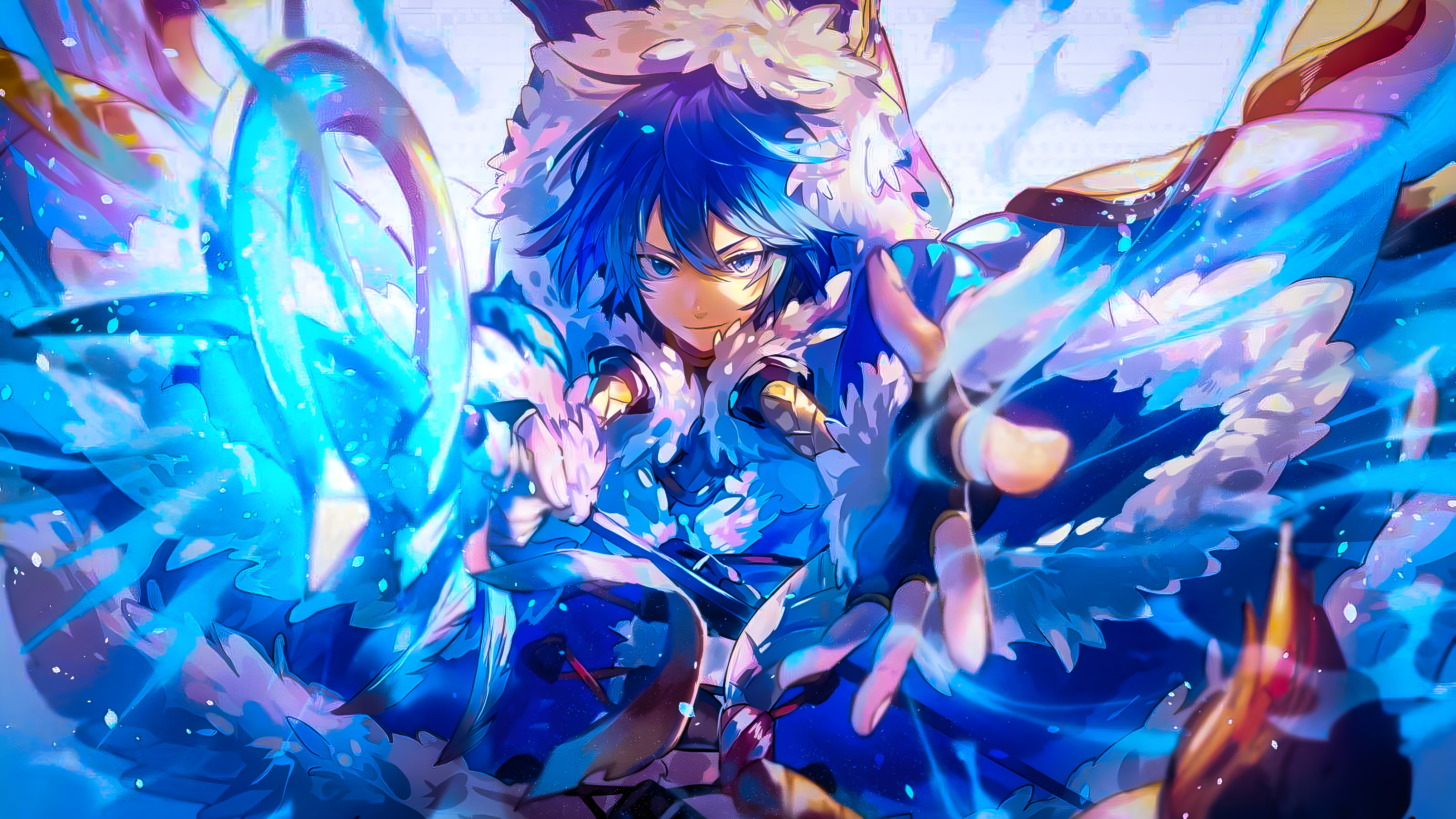 Blue Ice Blue Hair Cape Digital Art Blue Eyes Smiling Looking At Viewer Arms Reaching Anime Boys 6400x3600