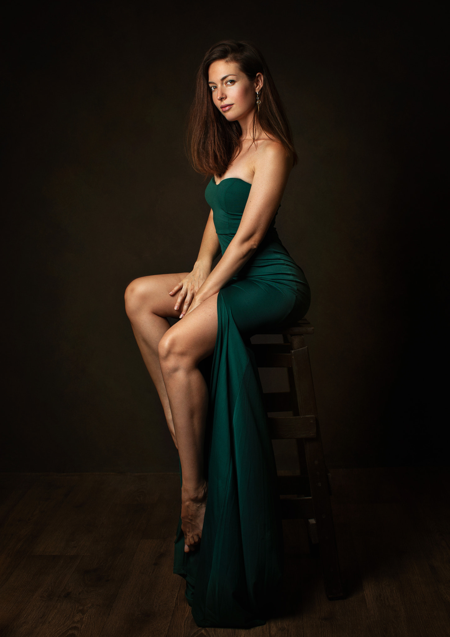 Zachar Rise Women Brunette Long Hair Looking At Viewer Dress Green Clothing Barefoot Chair 1448x2048
