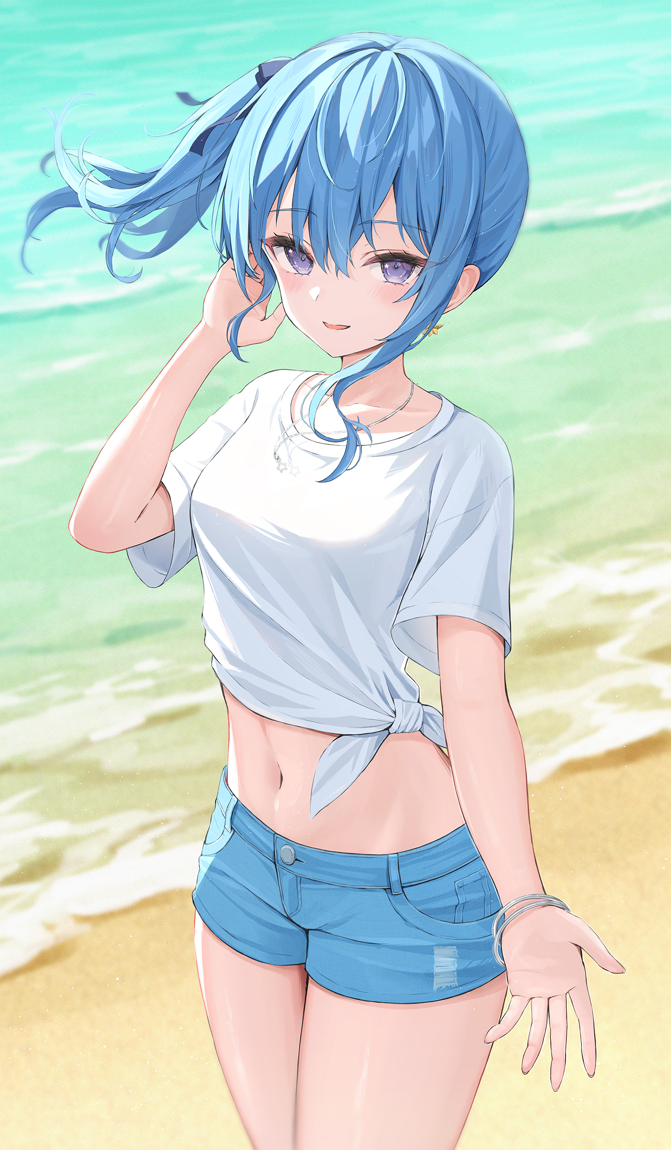 Anime Anime Girls Digital Art Artwork 2D Pixiv Portrait Portrait Display Water Outdoors Shorts Blue  1378x2360