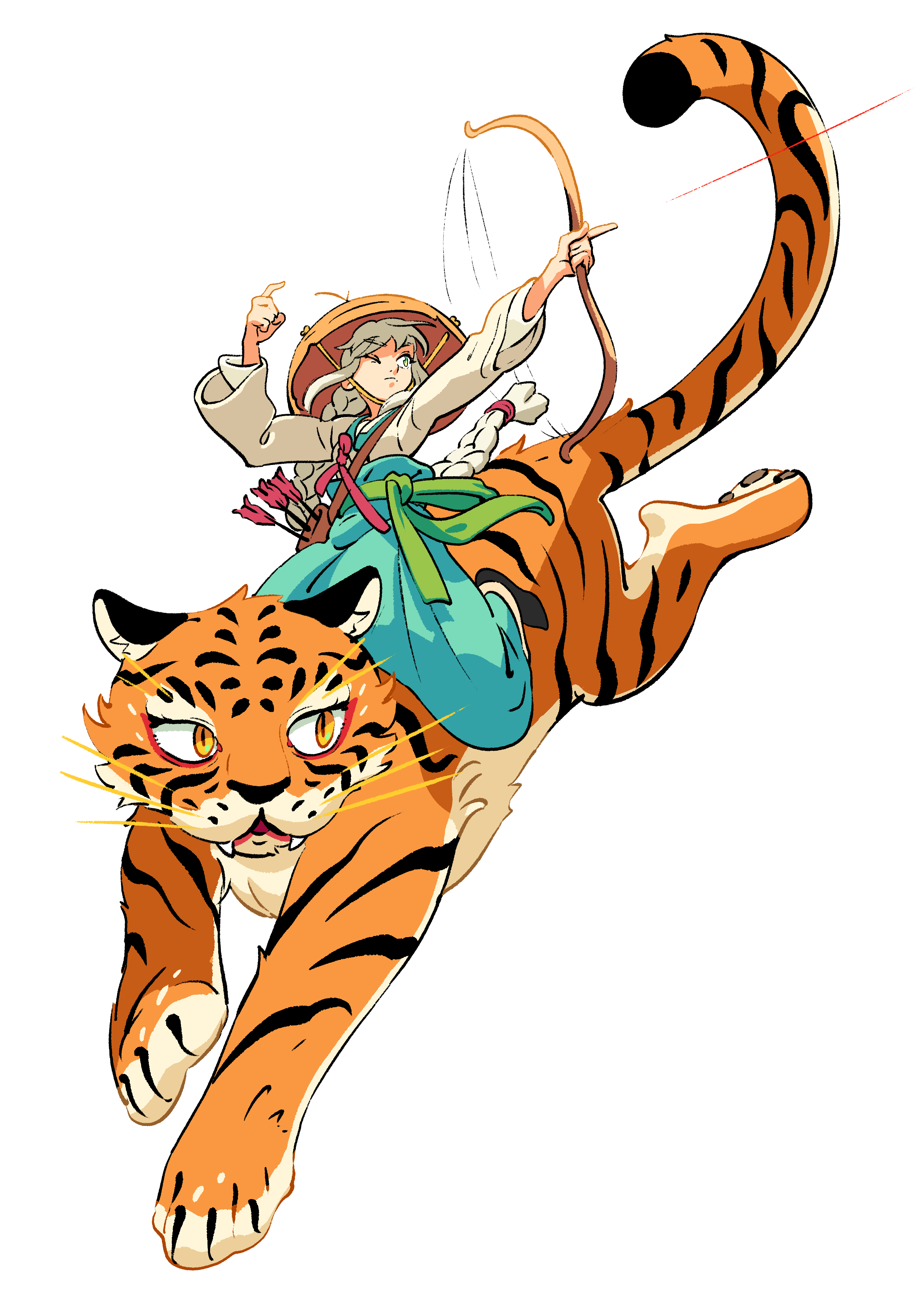 Anime Anime Girls Tiger Bow And Arrow One Eye Closed Hat White Background 2894x4093