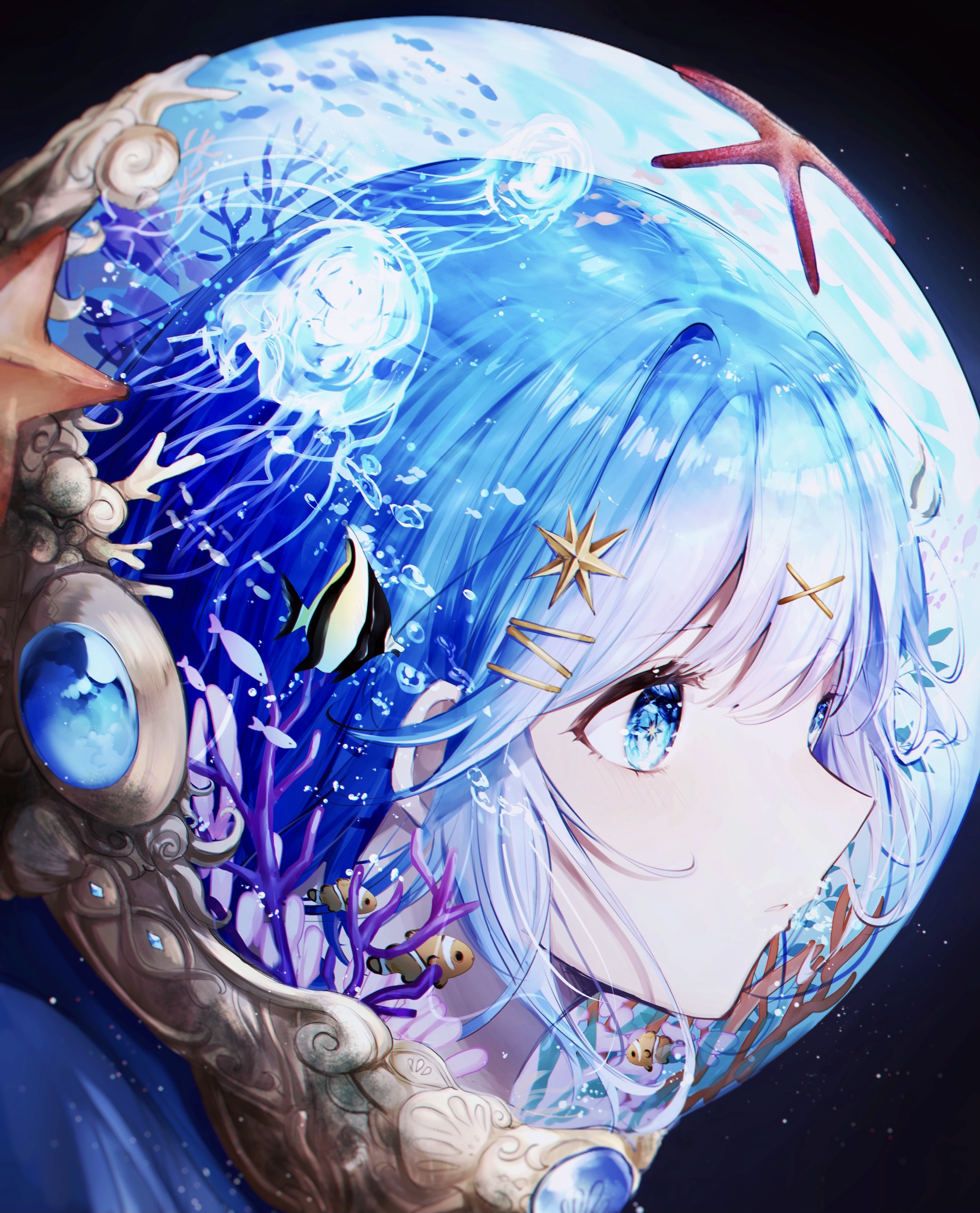 Noyu Portrait Display Anime Girls Profile Blue Hair Hair Ornament Blue Eyes Water Fish Fishbowls Jel 2520x3119
