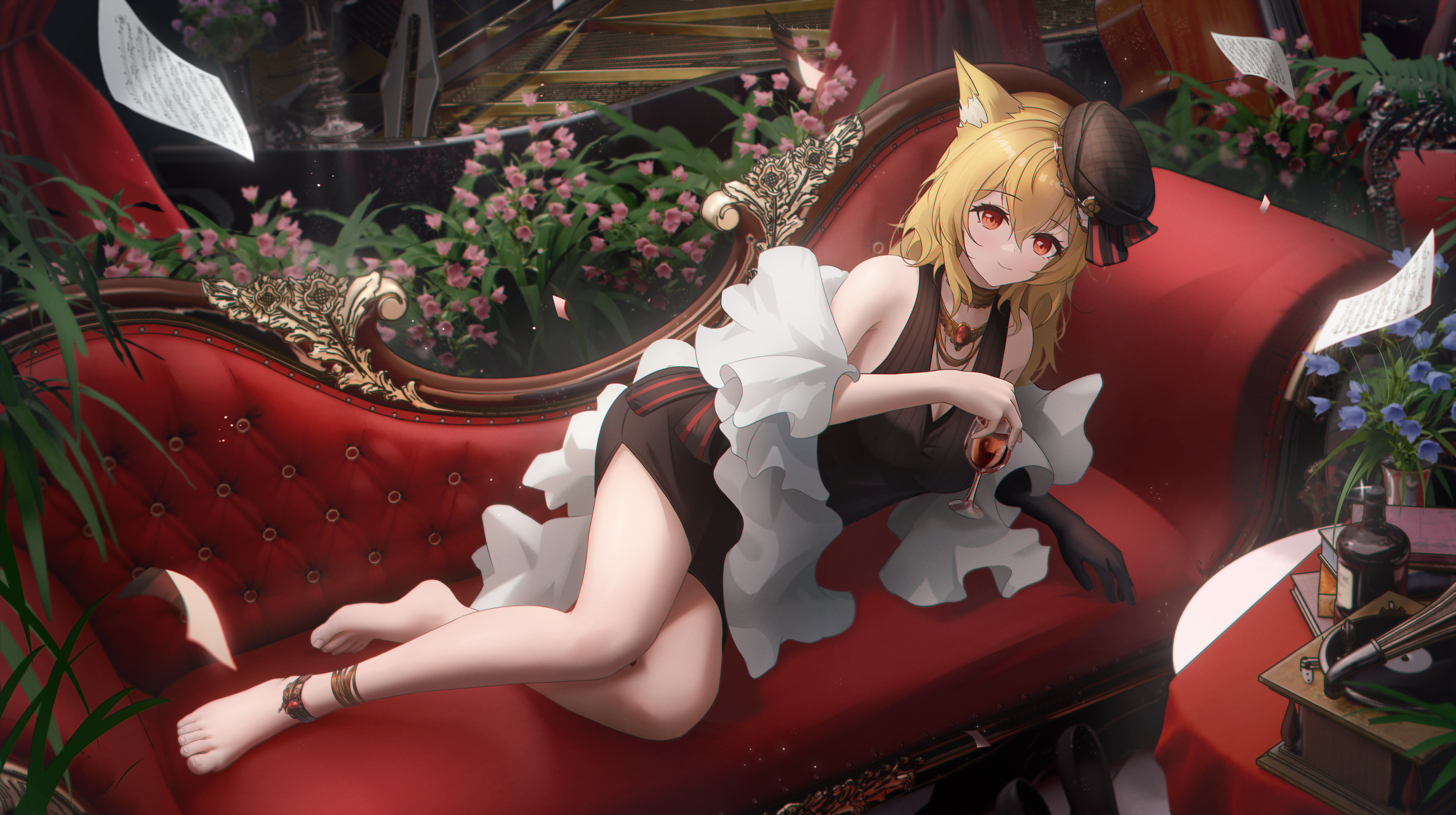 Anime Golden Hairs Flowers Red Eyes Anime Girls Hat Couch Wine Drink Lying On Side Paper Looking At  5000x2800