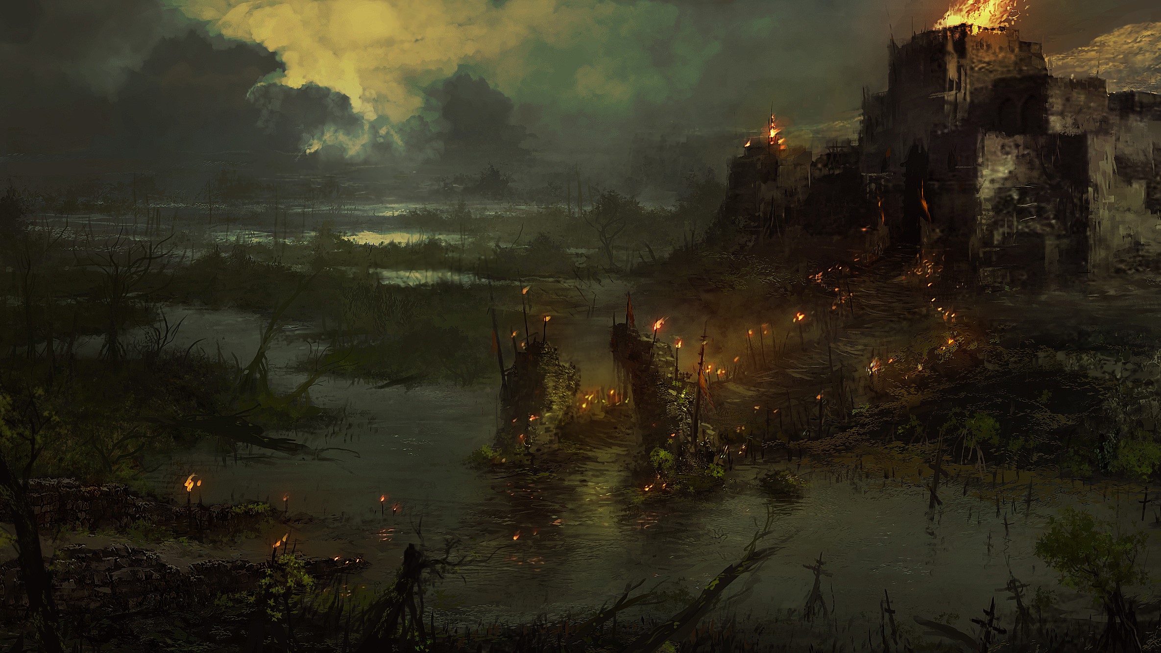 Diablo Diablo IV Video Games Artwork Video Game Art Water Sky Clouds Torches Castle 2370x1333