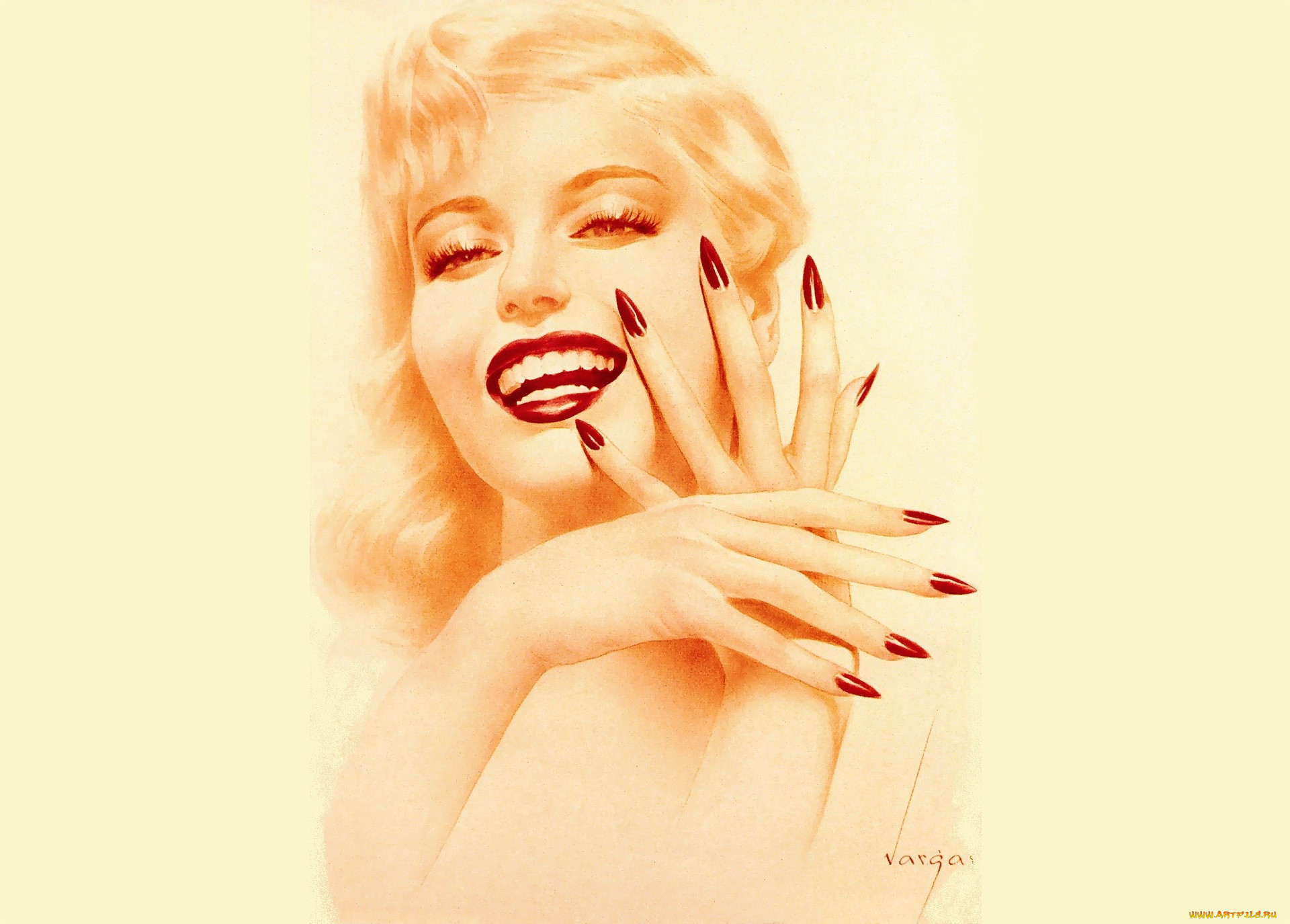 Artwork Women Face Portrait Blonde Beige Background Red Nails Painted Nails Lipstick 1920x1375