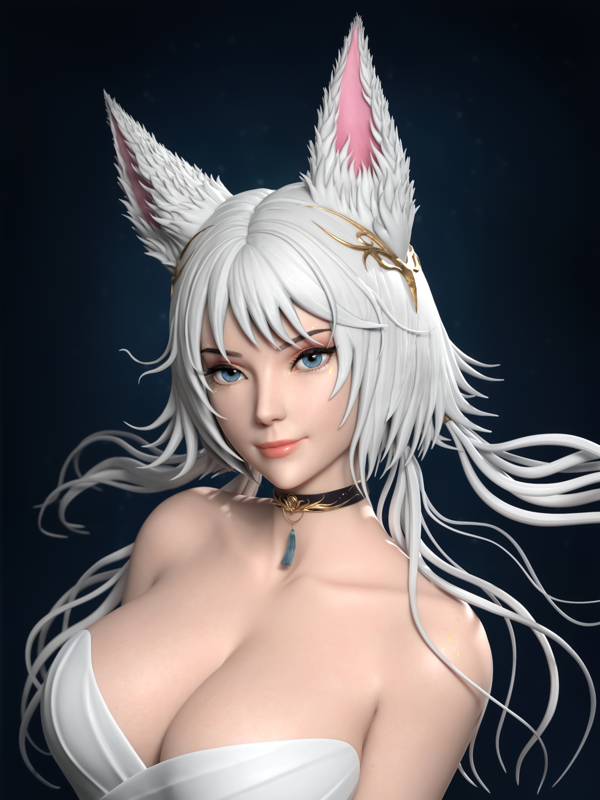 Ye Chaofan CGi Women Silver Hair Fox Girl Animal Ears Blue Eyes Portrait Simple Background Fox Ears 1920x2560