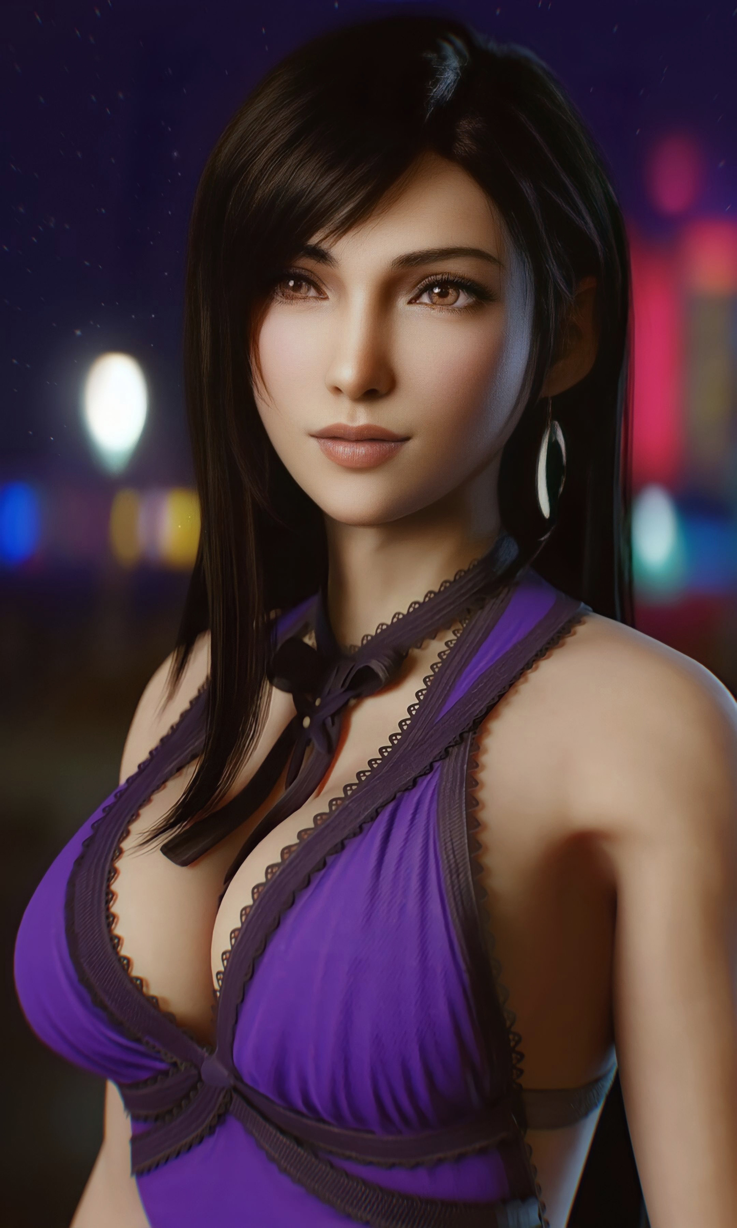 Cranial Capacity CGi Final Fantasy Women Tifa Lockhart Dark Hair Dress Purple Clothing Night Depth O 1440x2399