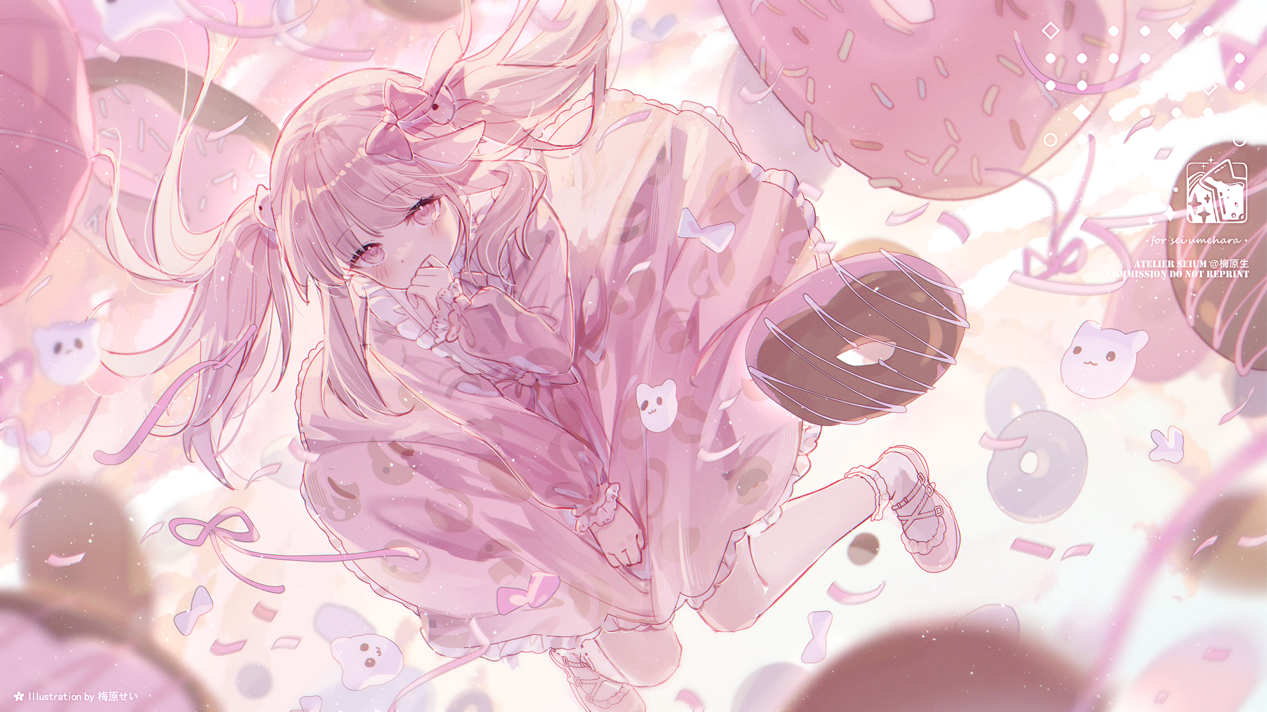 Anime Anime Girls Pink Hair Pink Eyes Twintails Long Hair Dress Bow Tie Confetti Donut Signature Wat 2489x1400