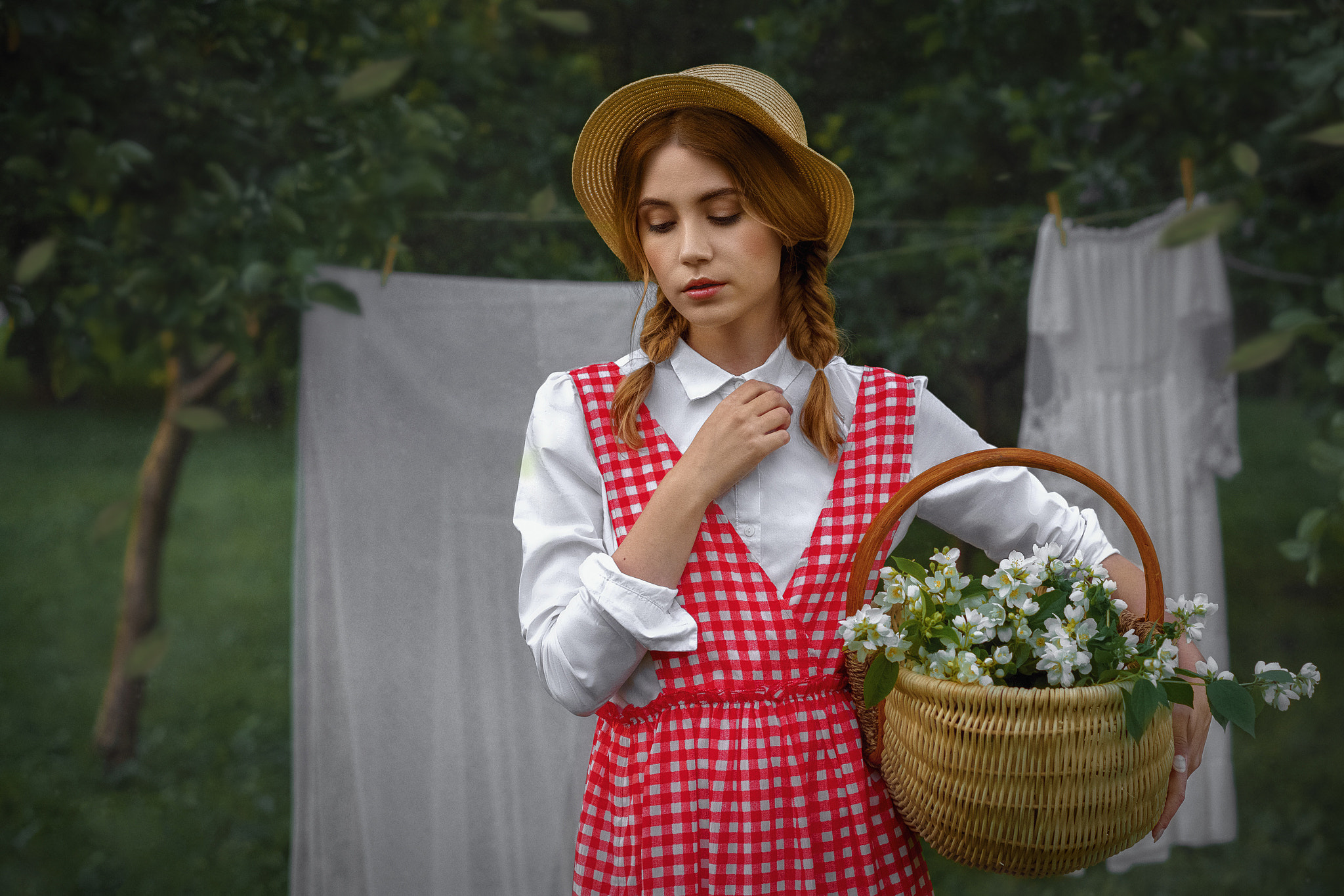 Yuriy Zaharov Women Ksenia Kokoreva Hat Redhead Plaid Baskets Flowers Laundry Trees Orchards 2048x1366