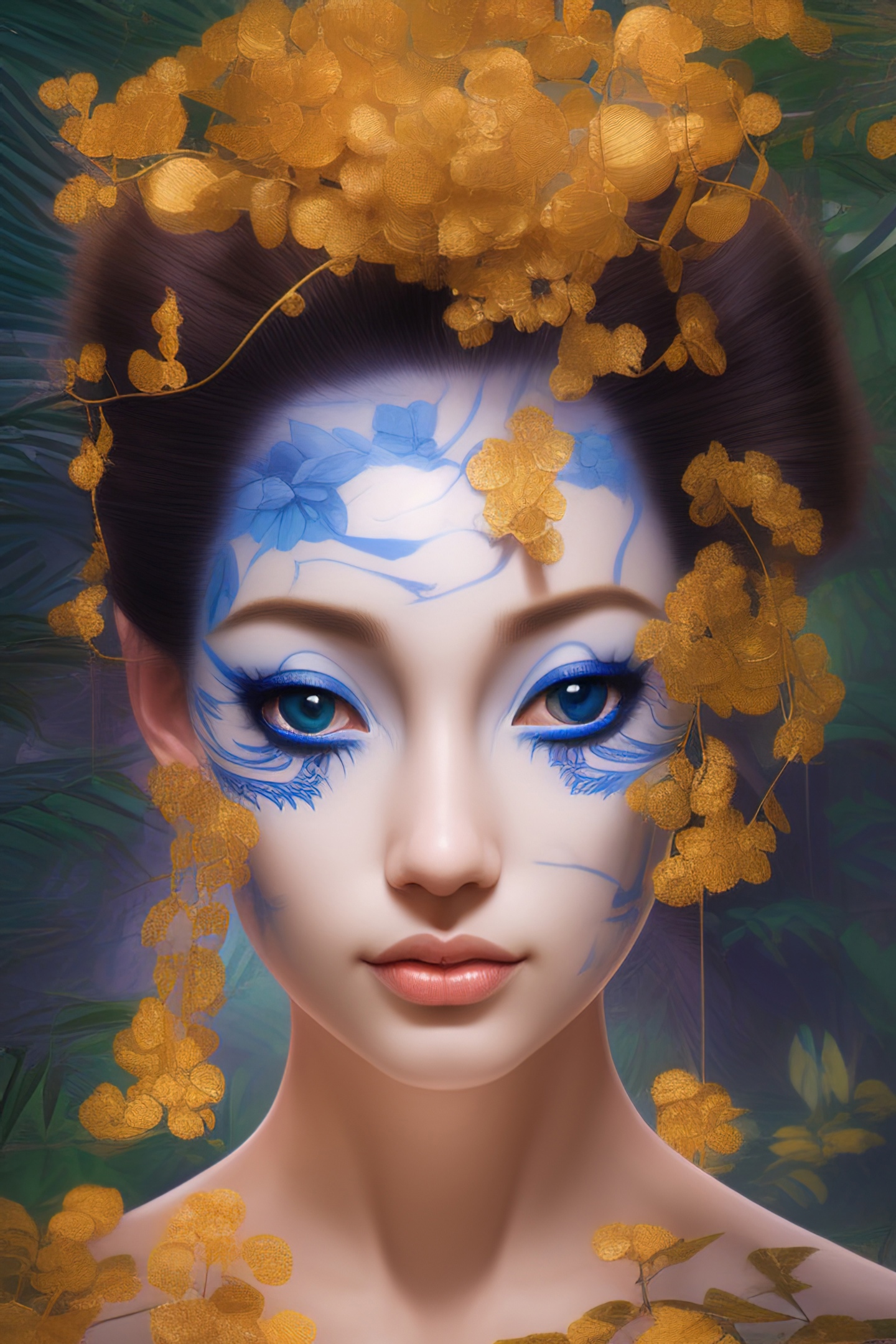 Midjourney Ai Art Portrait Asian Face Paint Leaves Brunette Blue Eyes Fall 1440x2160