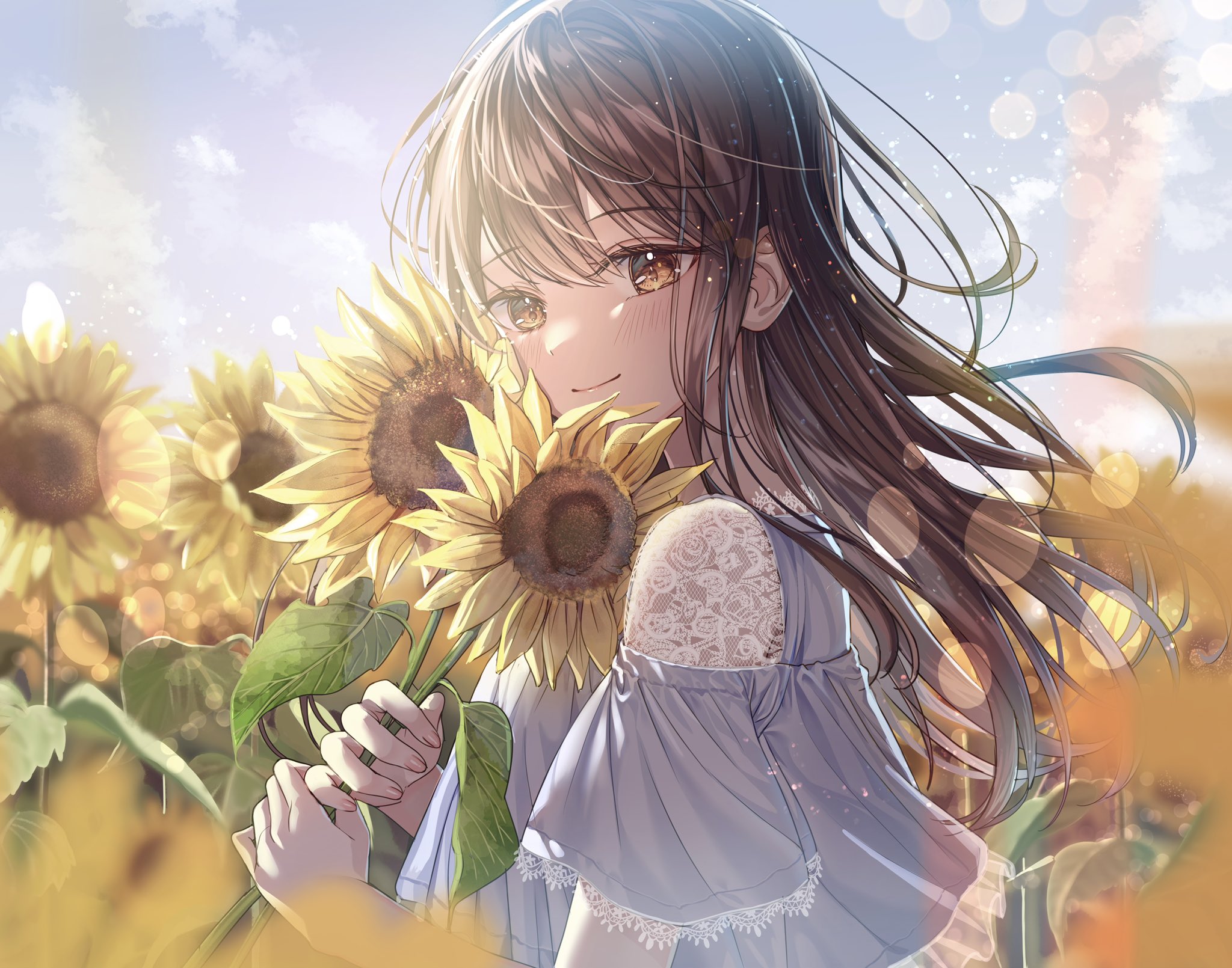 Anime Girls Sunflowers Looking At Viewer Sun Rays Flowers Sunlight Smiling Long Hair Standing Leaves 2048x1610
