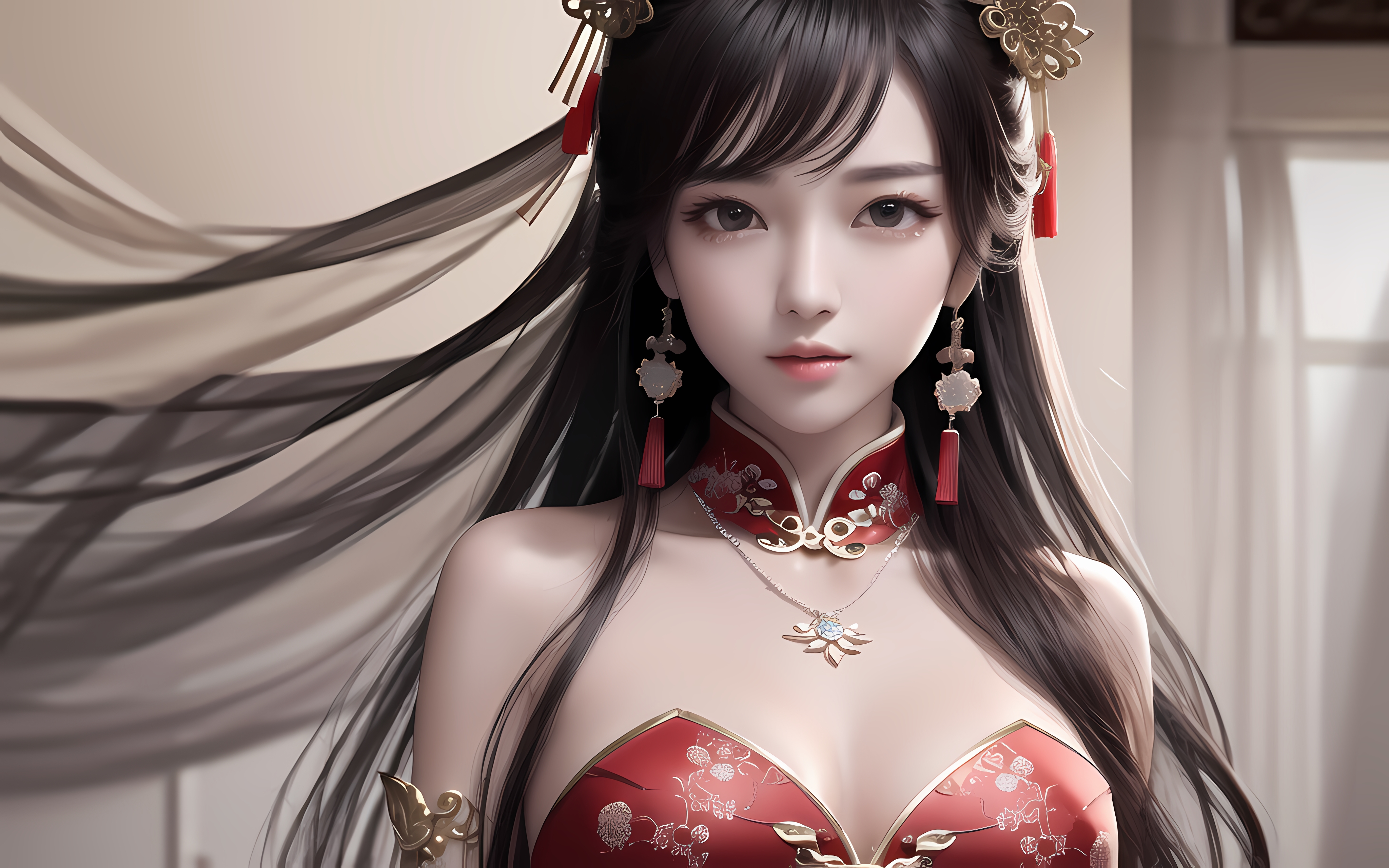 Ai Art Earring Halter Dress Necklace Model From Xiaolxl 2 5D Women Asian 4096x2560