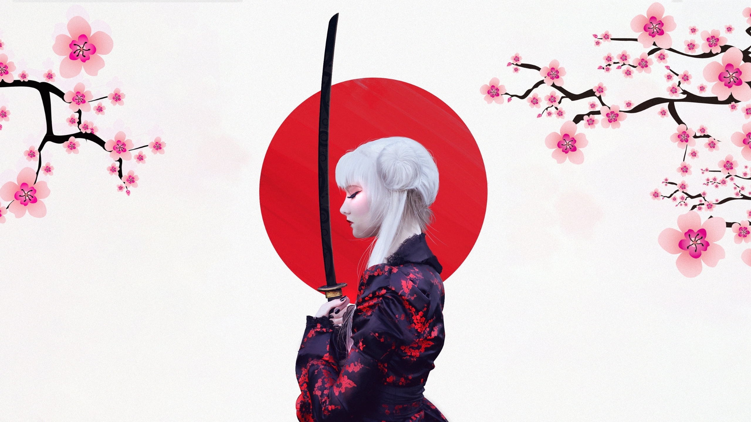 Digital Art Artwork Women Japanese Samurai Katana Cherry Blossom Branch Flowers White Hair Tradition 2560x1440