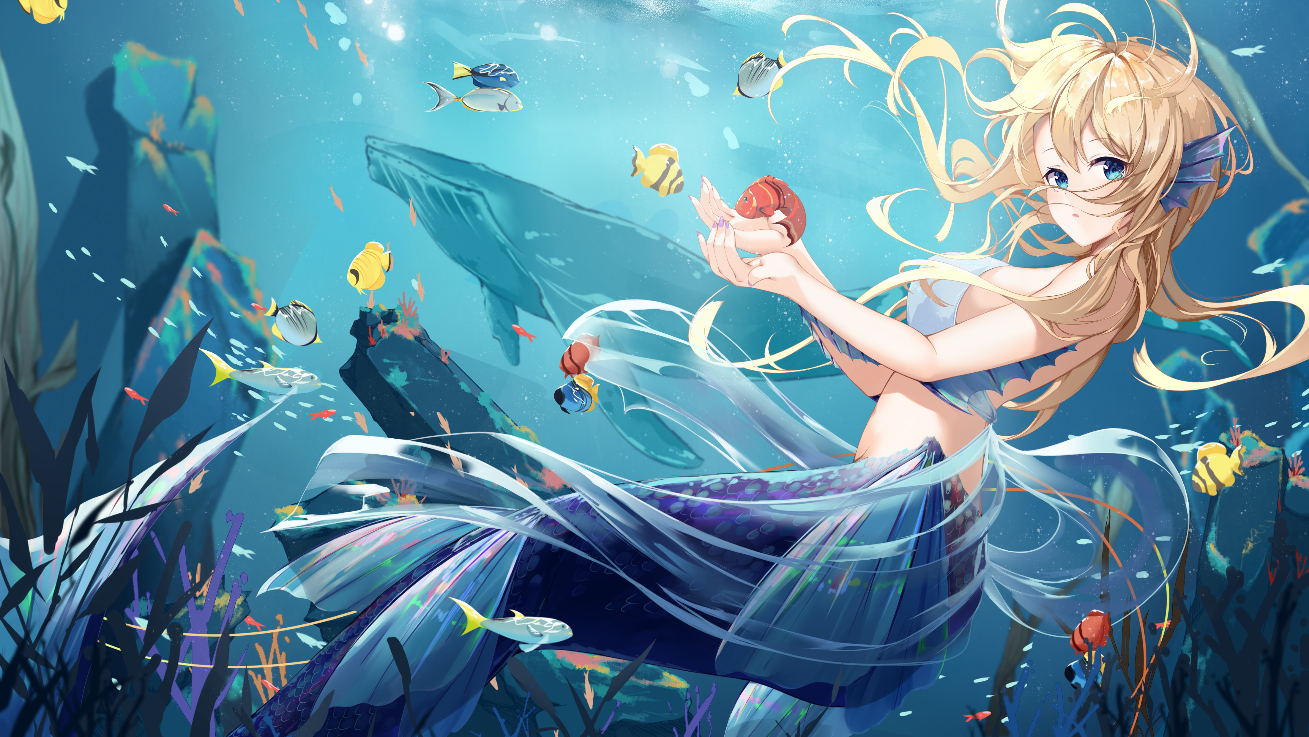 Anime Anime Girls Water Underwater Fish Coral Animals Looking At Viewer Blonde Blue Eyes Long Hair W 4406x2480
