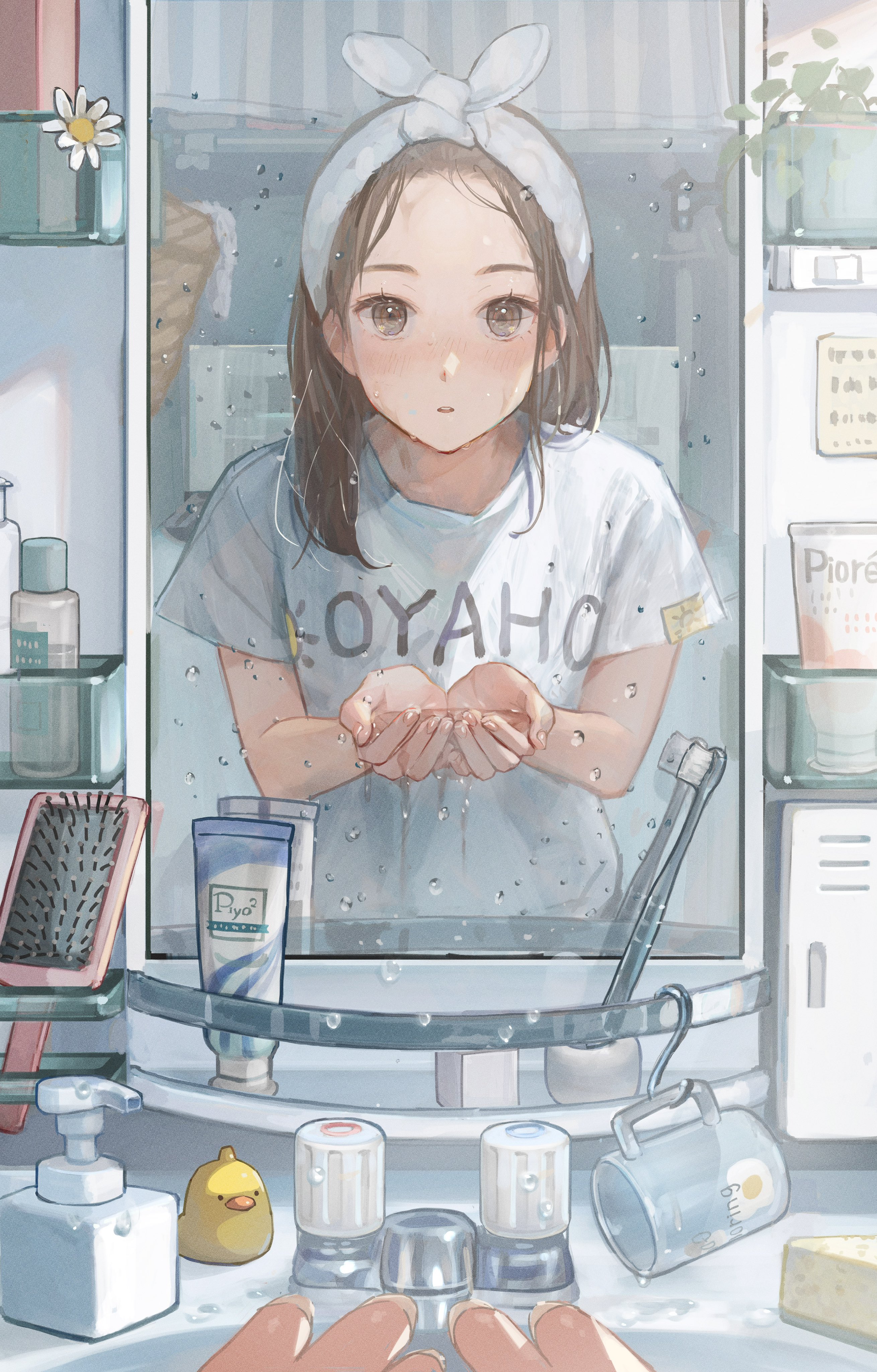 Anime Girls Short Hair Mirror Bathroom Looking At Viewer Reflection Portrait Display Water Drops 2620x4096