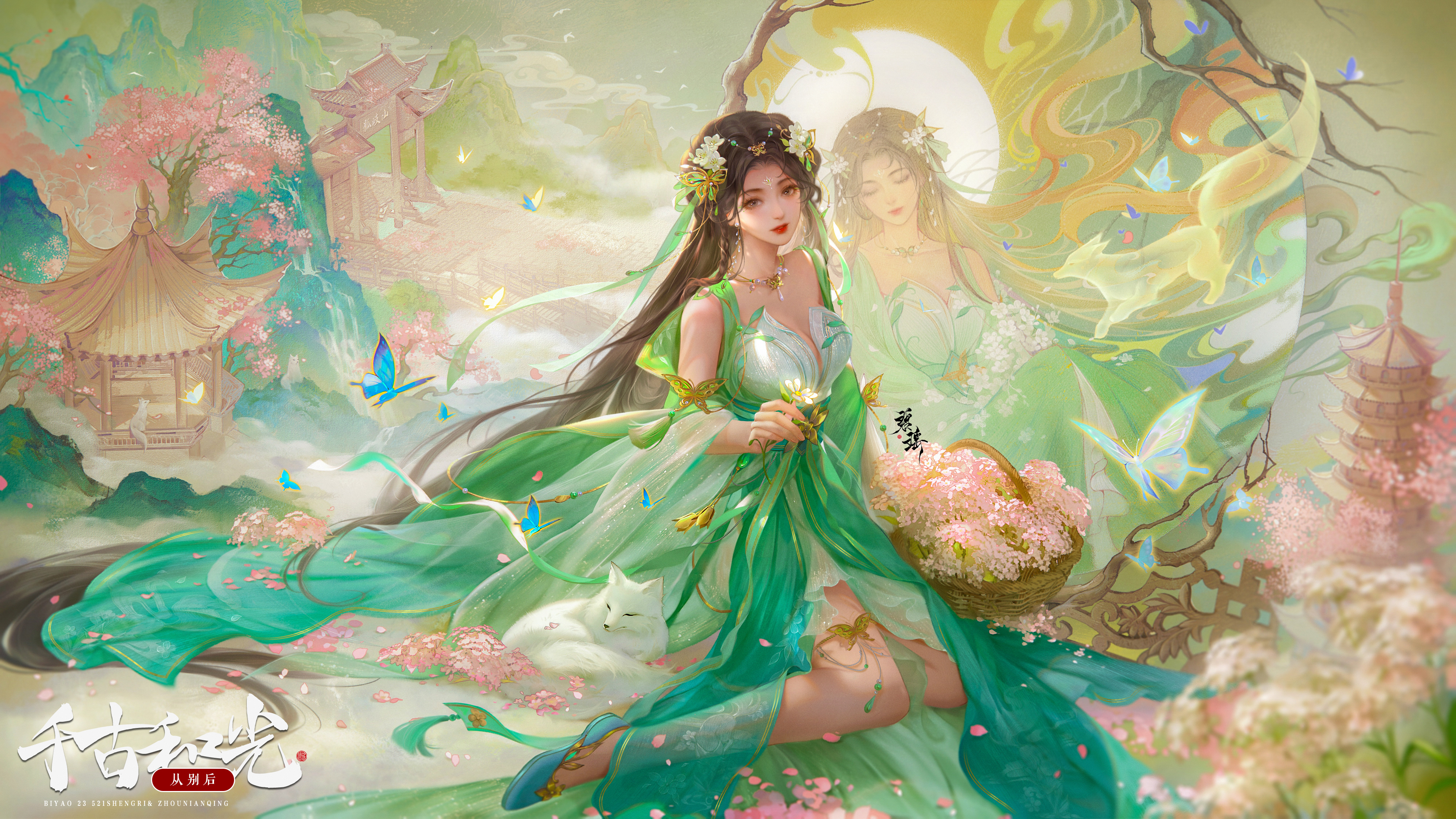 Mitu San Chinese Baiguio Zhu Xian Zhu Xian Hair Ornament Dress Green Dress Looking At Viewer Flowers 4000x2250