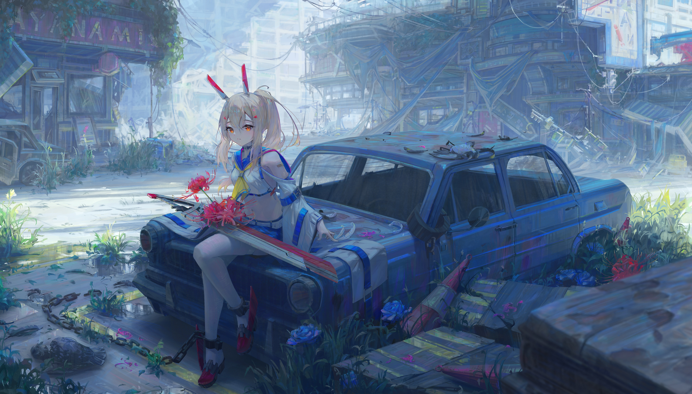 Azur Lane Ayanami Azur Lane Anime Girls Sitting Car Flowers Chains Looking At Viewer Ponytail Traffi 2282x1300