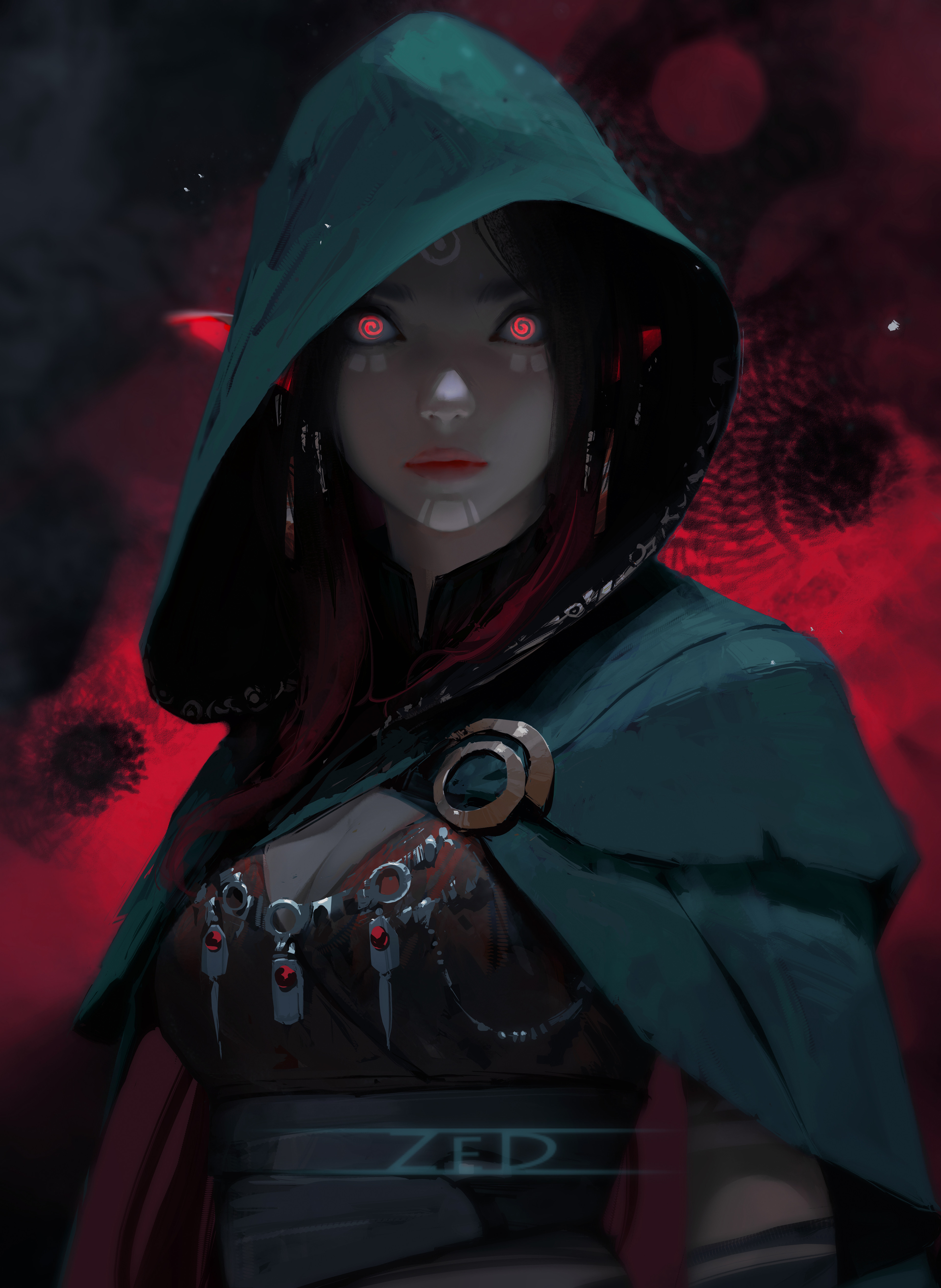 Trungbui Drawing Women Hoods Pointy Ears Red Eyes Cape Spiral Red Portrait Display 3840x5254