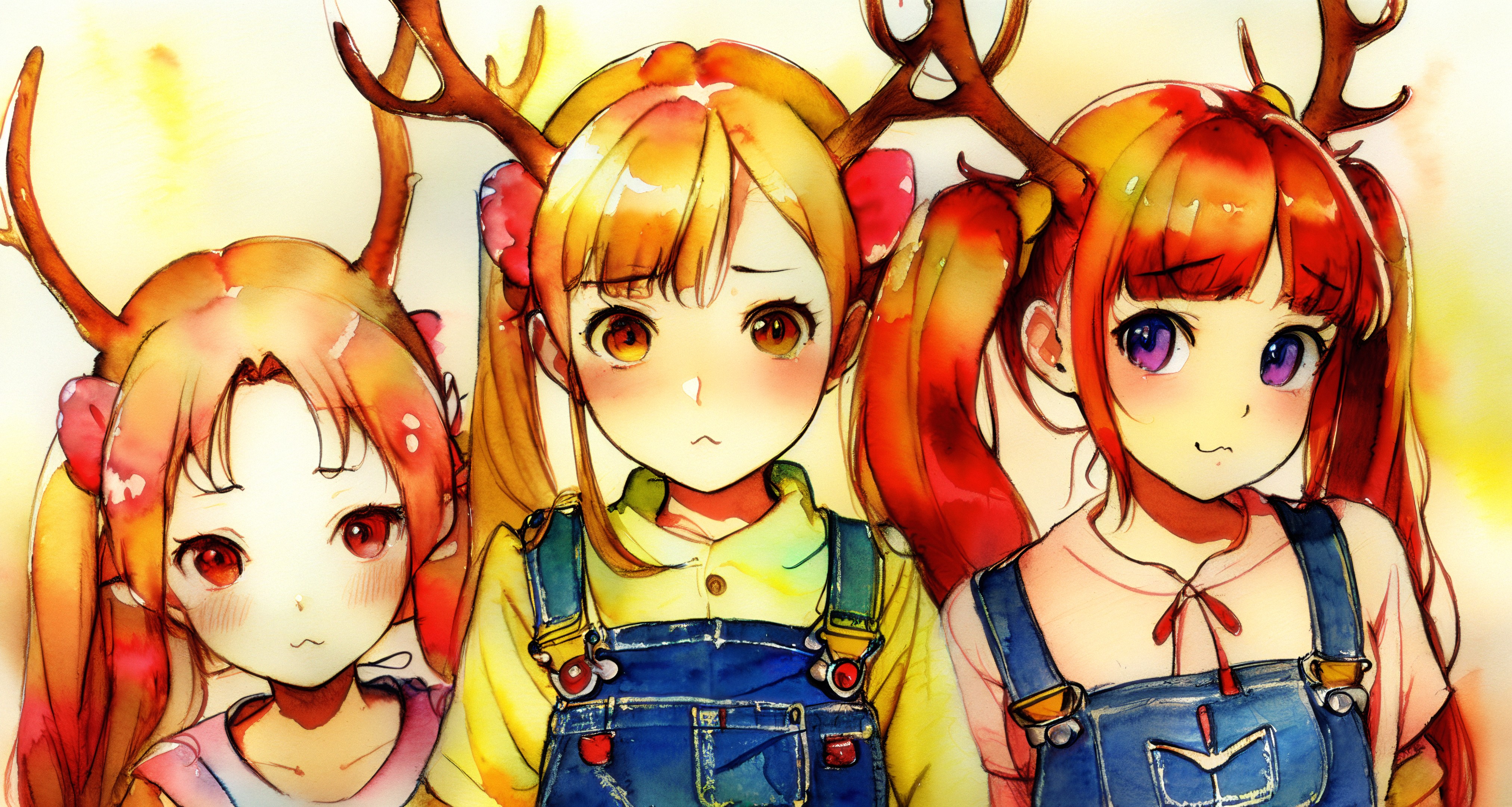 Women Looking At Viewer Ai Art Ai Generated Stable Diffusion Antlers Twintails Watercolor Anime Girl 4050x2160