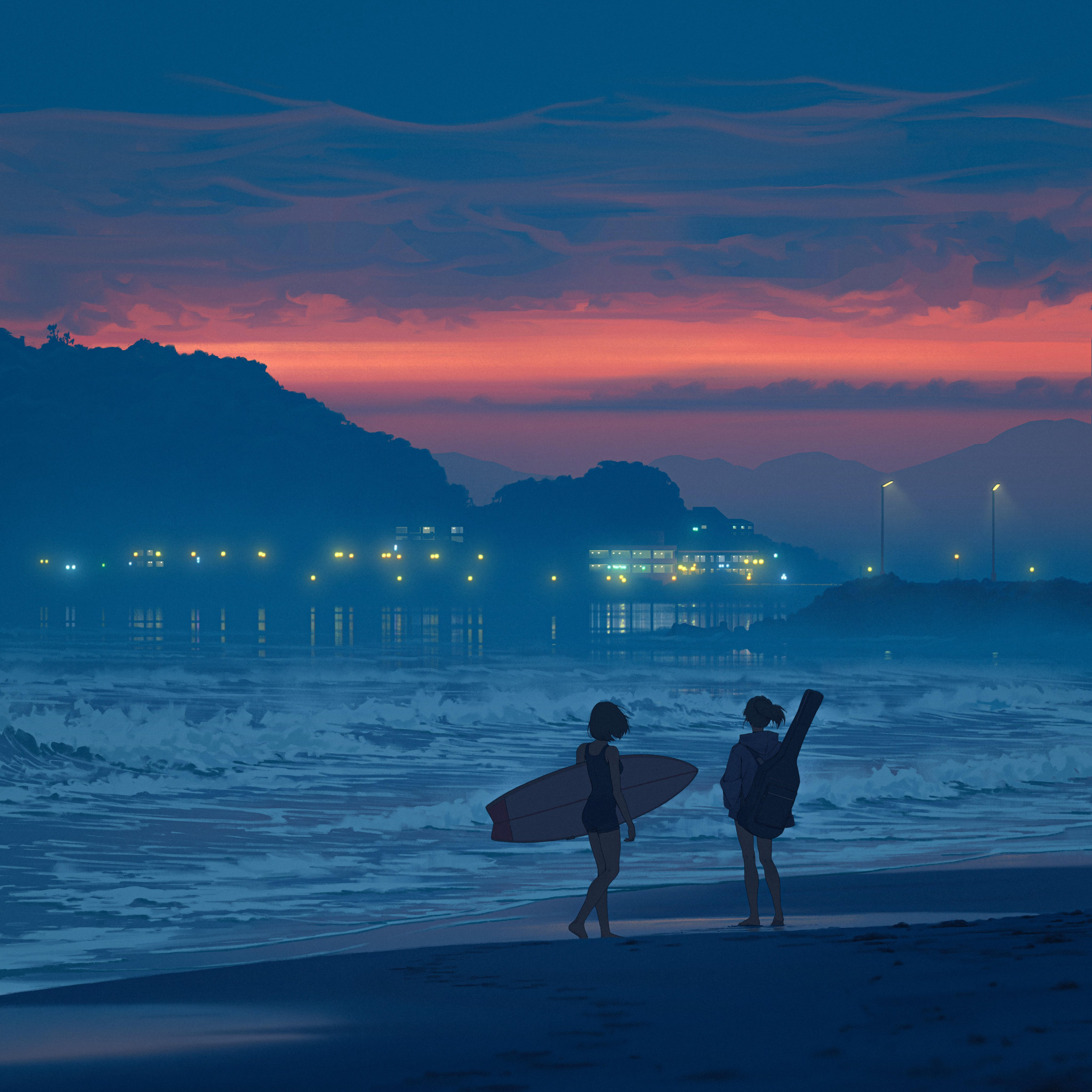 Sea Anime Girls Surfboards Guitar Water Twilight Beach 4096x4096