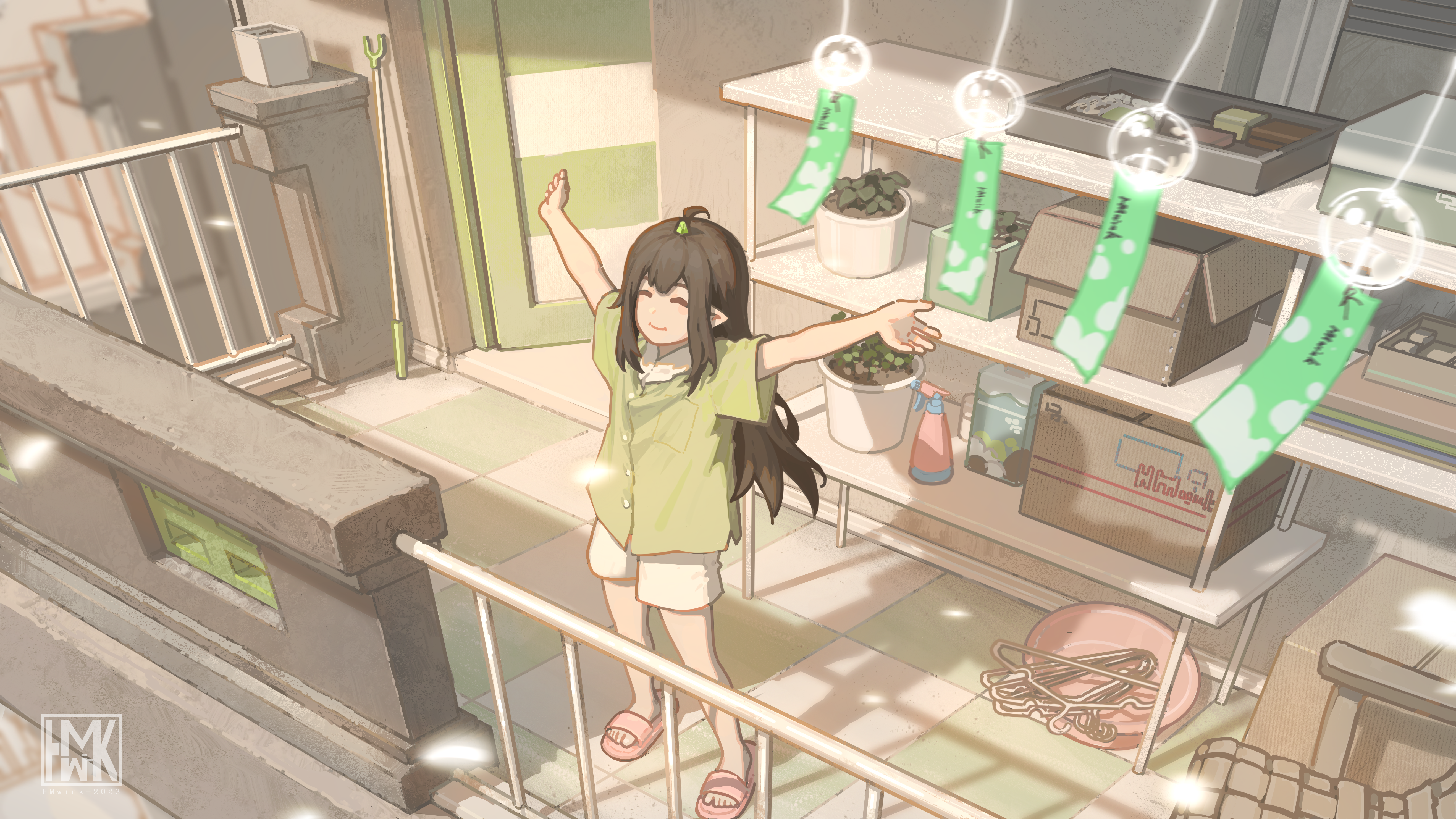 Yun Xi Original Characters Stretching Pointy Ears Wind Chimes Closed Eyes Open Arms Balcony Long Hai 5269x2964