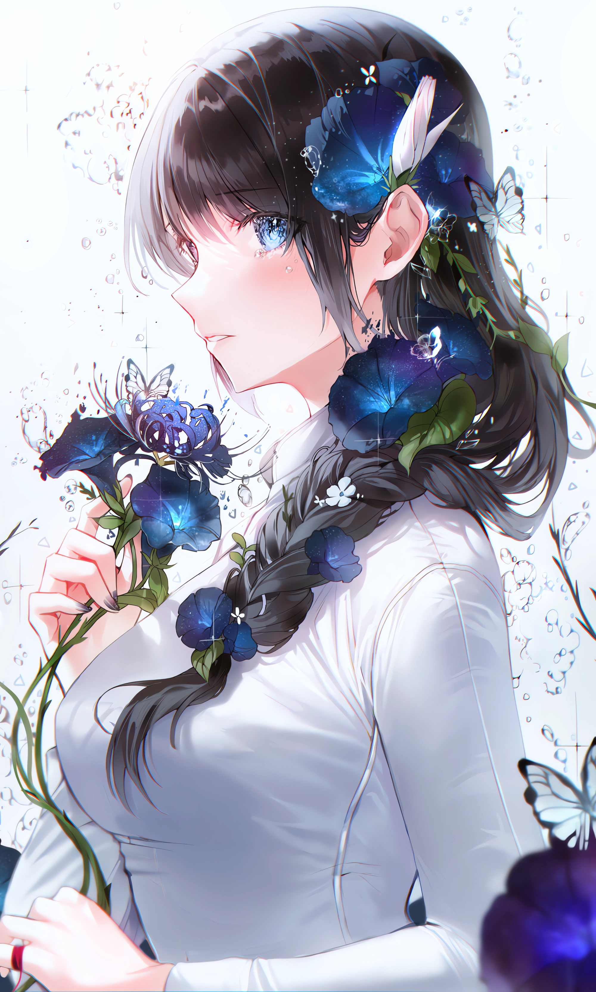 Anime Anime Girls Portrait Display Braids Flower In Hair Long Hair Looking At Viewer Insect Butterfl 2000x3328