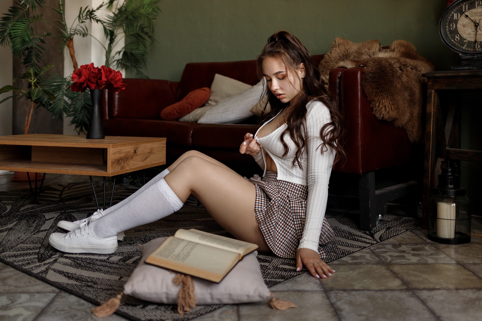 Women Model Red Lipstick White Tops Brown Skirt Shoes White Socks Sitting On The Floor Closed Eyes W 1920x1280