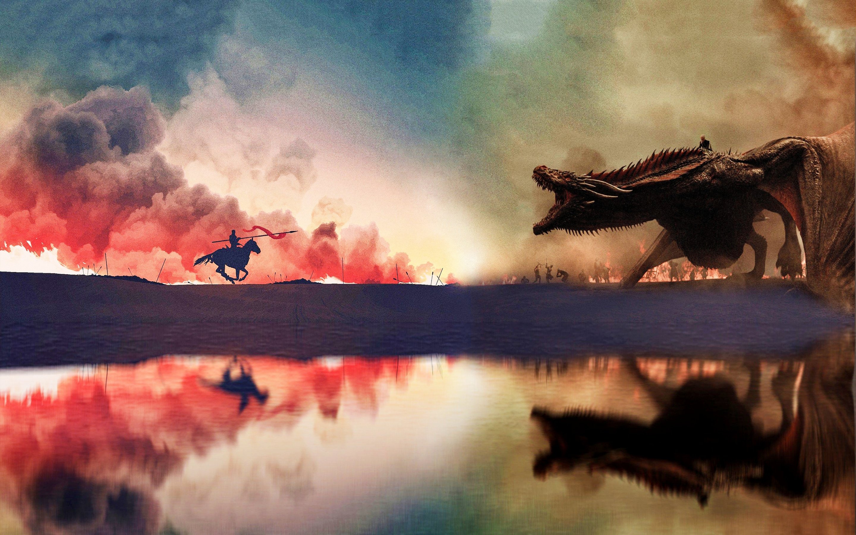 Warrior Dragon Horse Game Of Thrones Daenerys Targaryen Digital Art Reflection Smoke 2880x1800