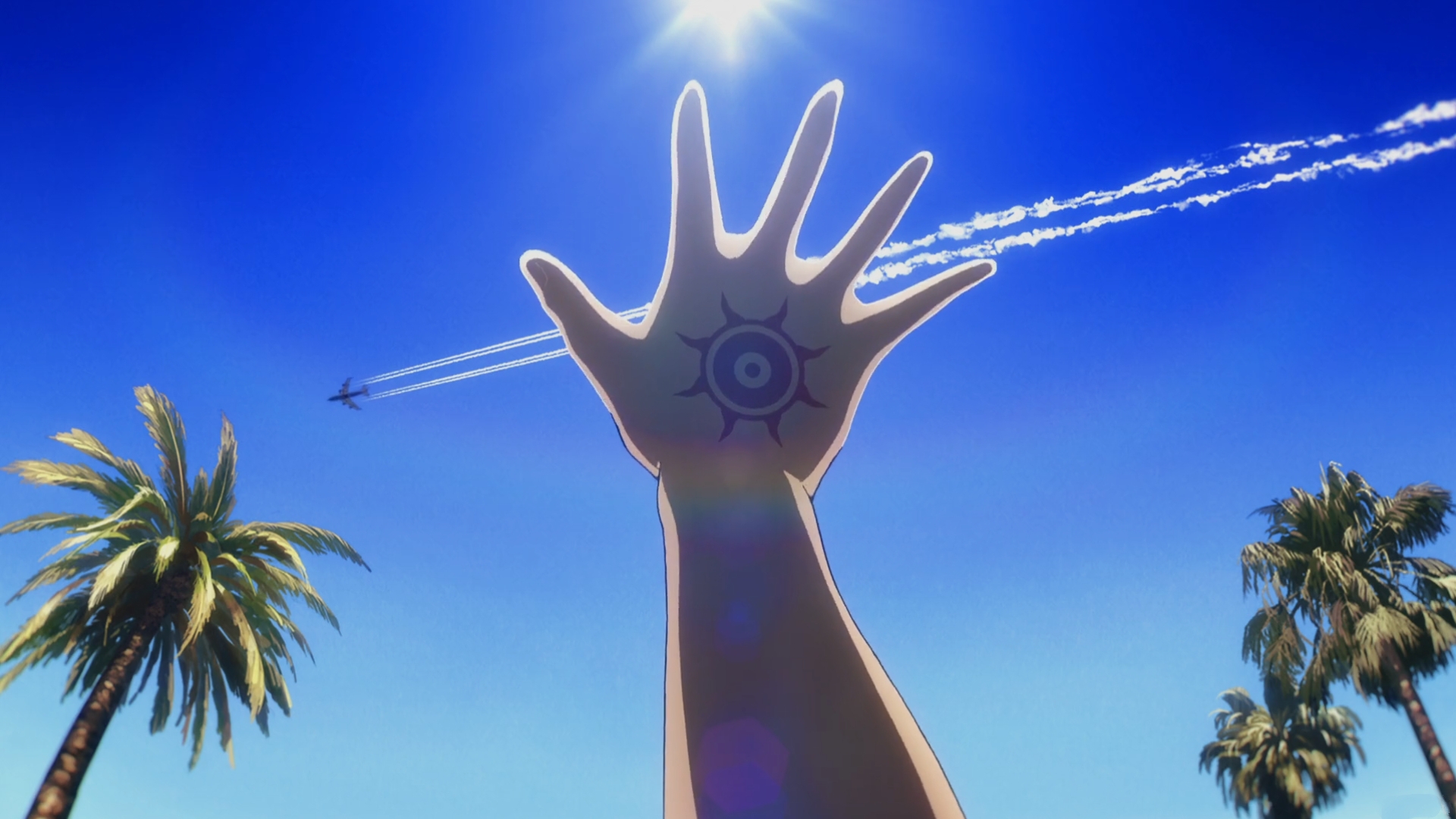 Fate Series Fate Strange Fake Sky Anime Anime Screenshot Palm Trees Tattoo Sun Sunlight Airplane Air 1920x1080