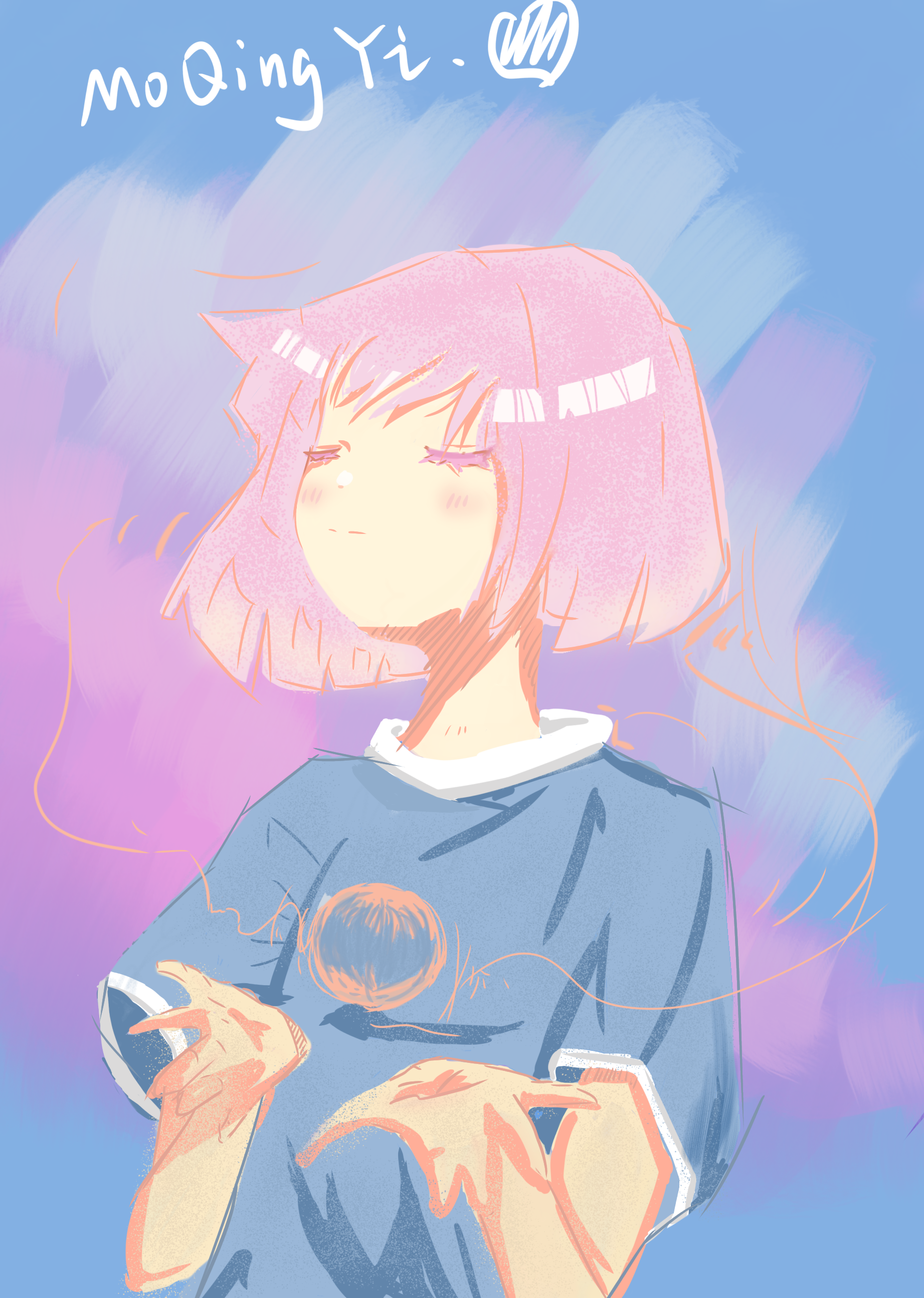 MoQingYi Artist Clouds Purple Background Pink Hair Blue Shirt Closed Eyes Short Hair Vertical Anime  1843x2589