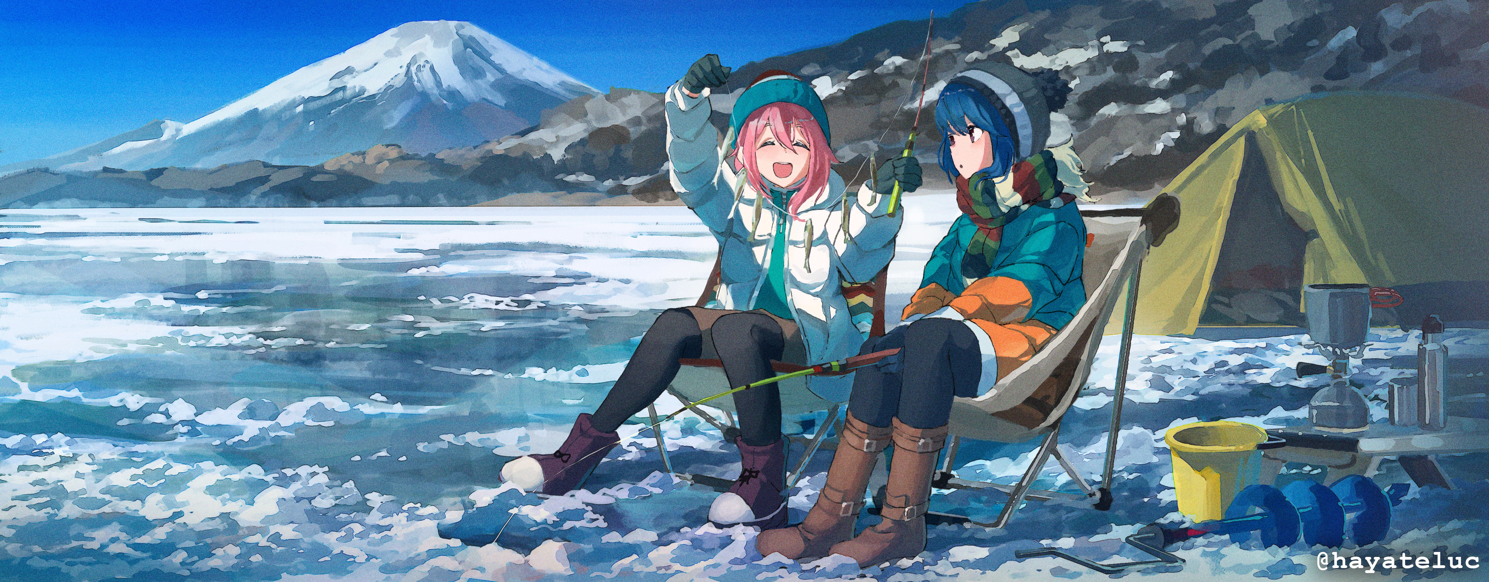 Anime Anime Girls Yuru Camp Rin Shima Nadeshiko Kagamihara Ice Mountains Fishing Camp Closed Eyes Ha 4801x1878