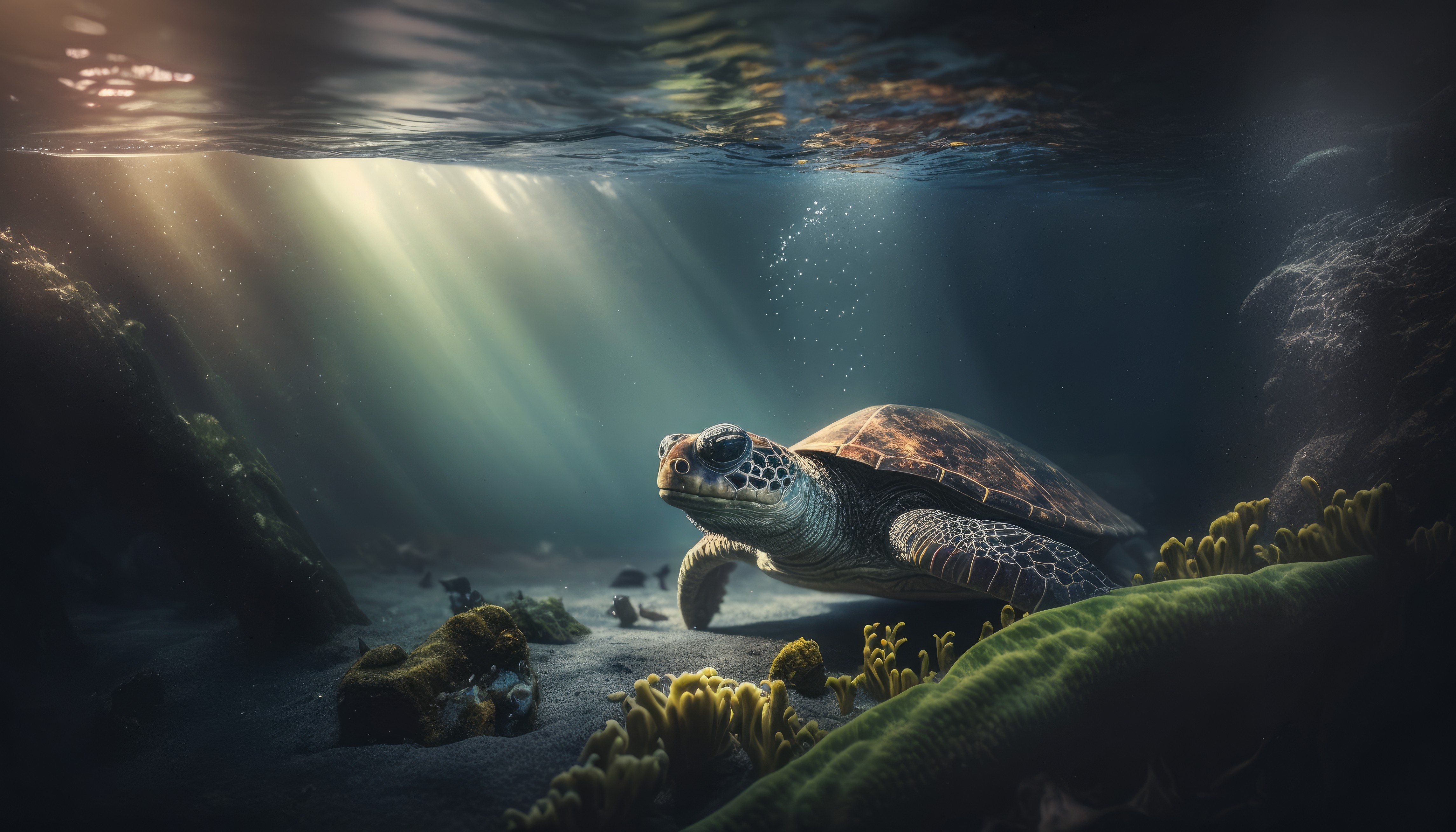 Ai Art Animals Turtle Underwater Sea Floor Water Sunlight Nature In Water 4579x2616