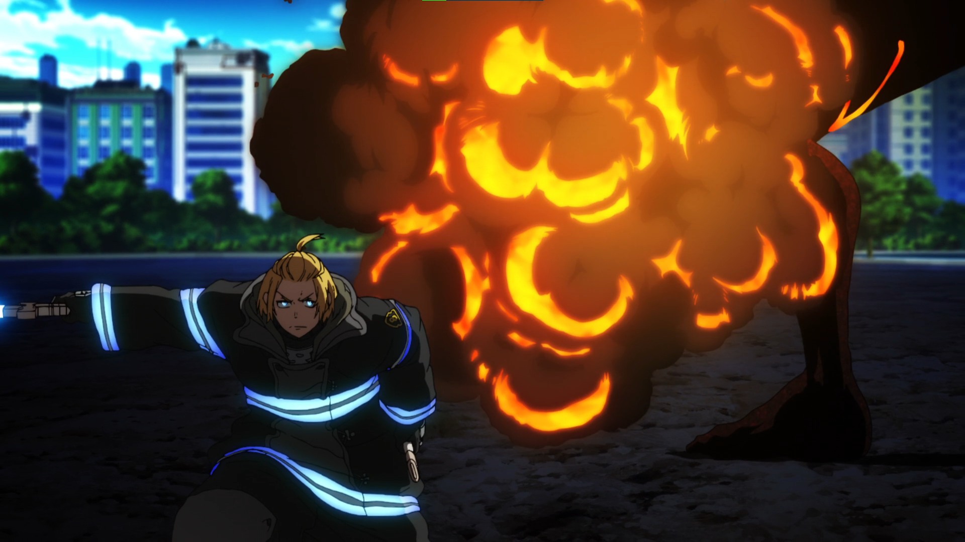 Anime Anime Screenshot Enen No Shouboutai Arthur Boyle Anime Boys Glowing Eyes Explosion City Clouds 1920x1080