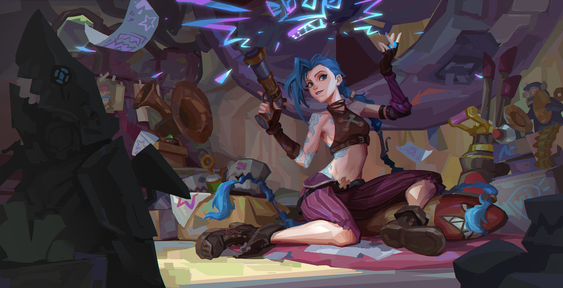 Jinx League Of Legends Video Game Girls Fan Art Video Game Characters Blue Hair Long Hair Girl With  1920x981