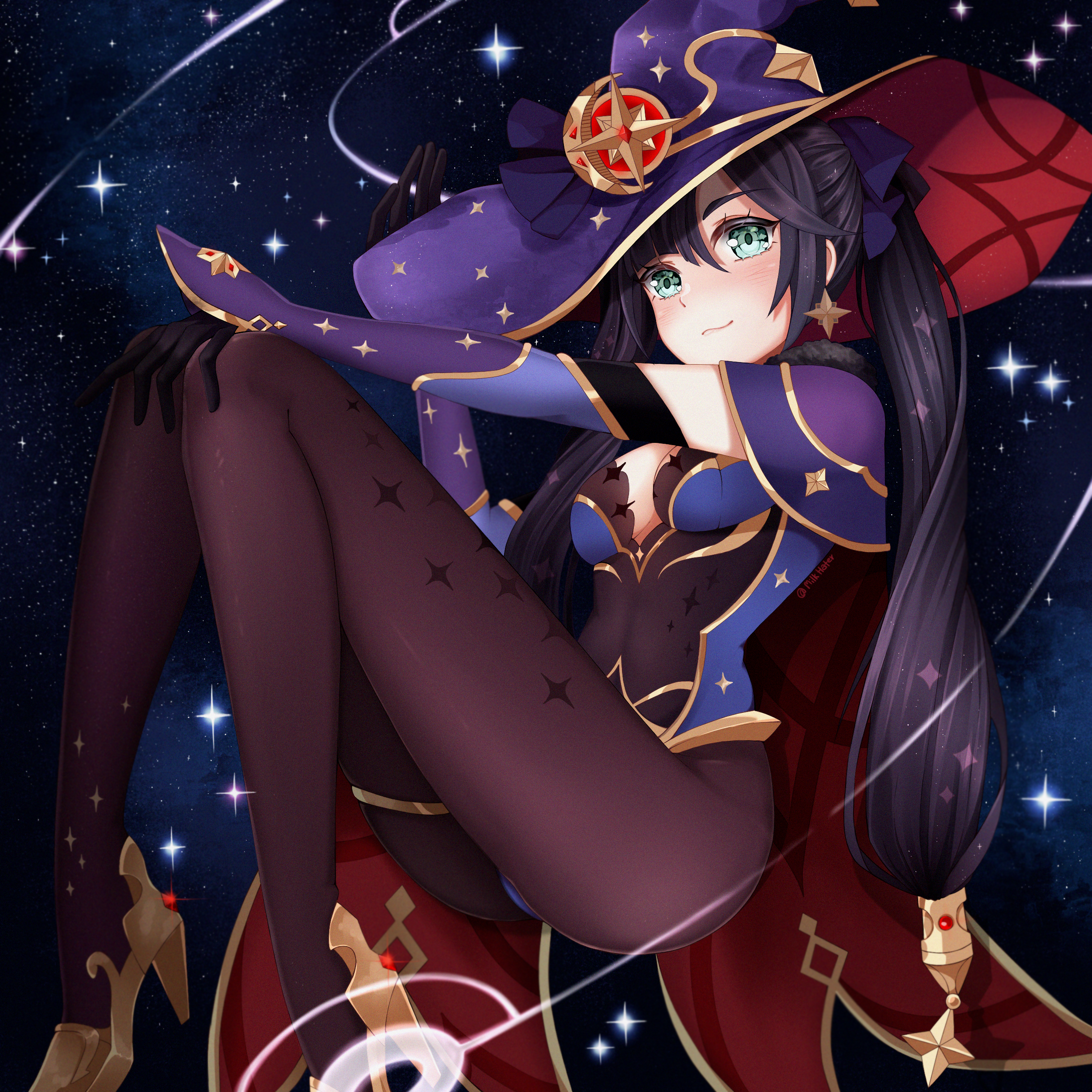 Genshin Impact Mona Genshin Impact Anime Girls Witch Hat Twintails Stars 2500x2500