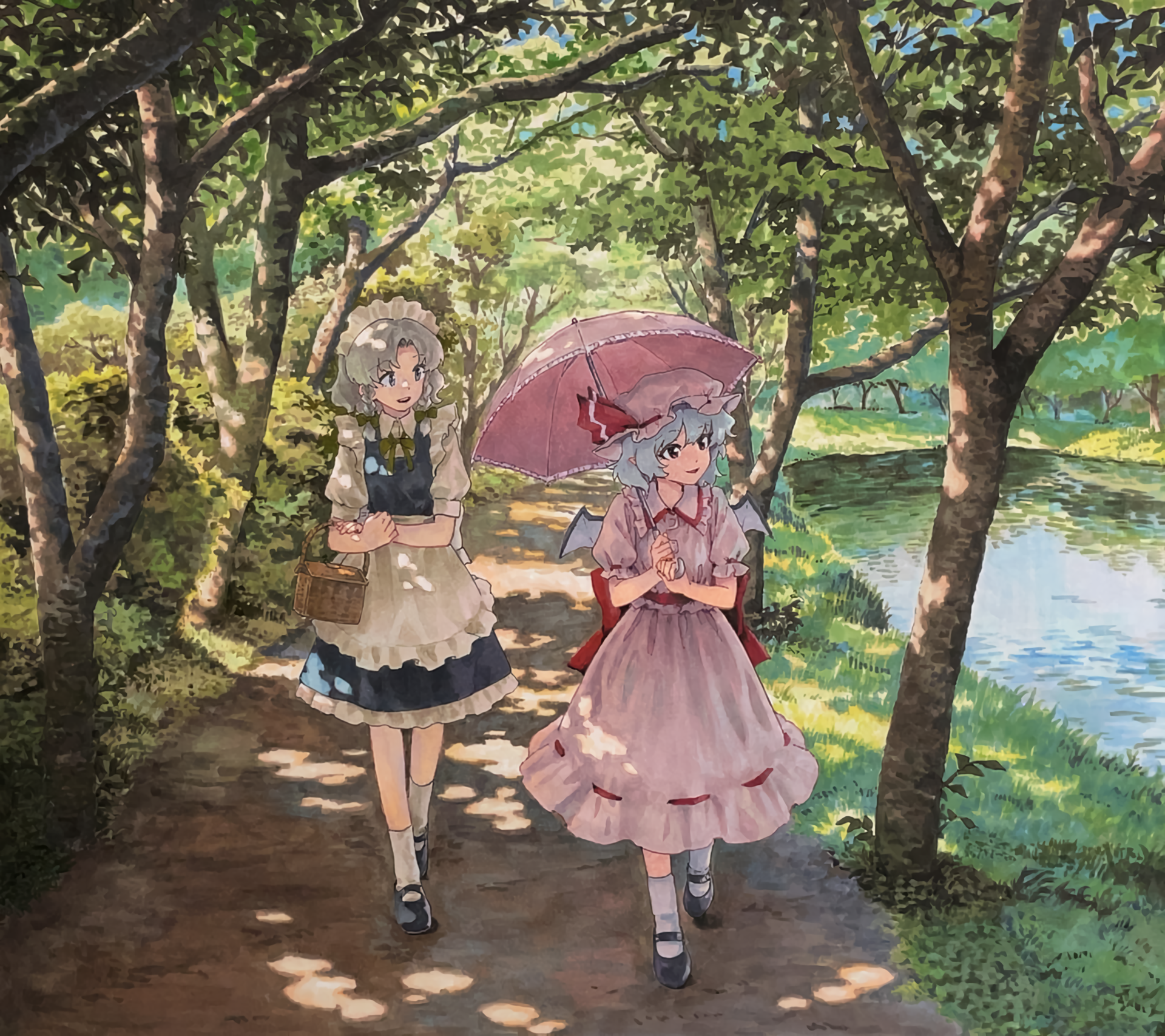Anime Anime Girls Touhou Izayoi Sakuya Remilia Scarlet Trees Path Umbrella Water Dress Maid Maid Out 1920x1707