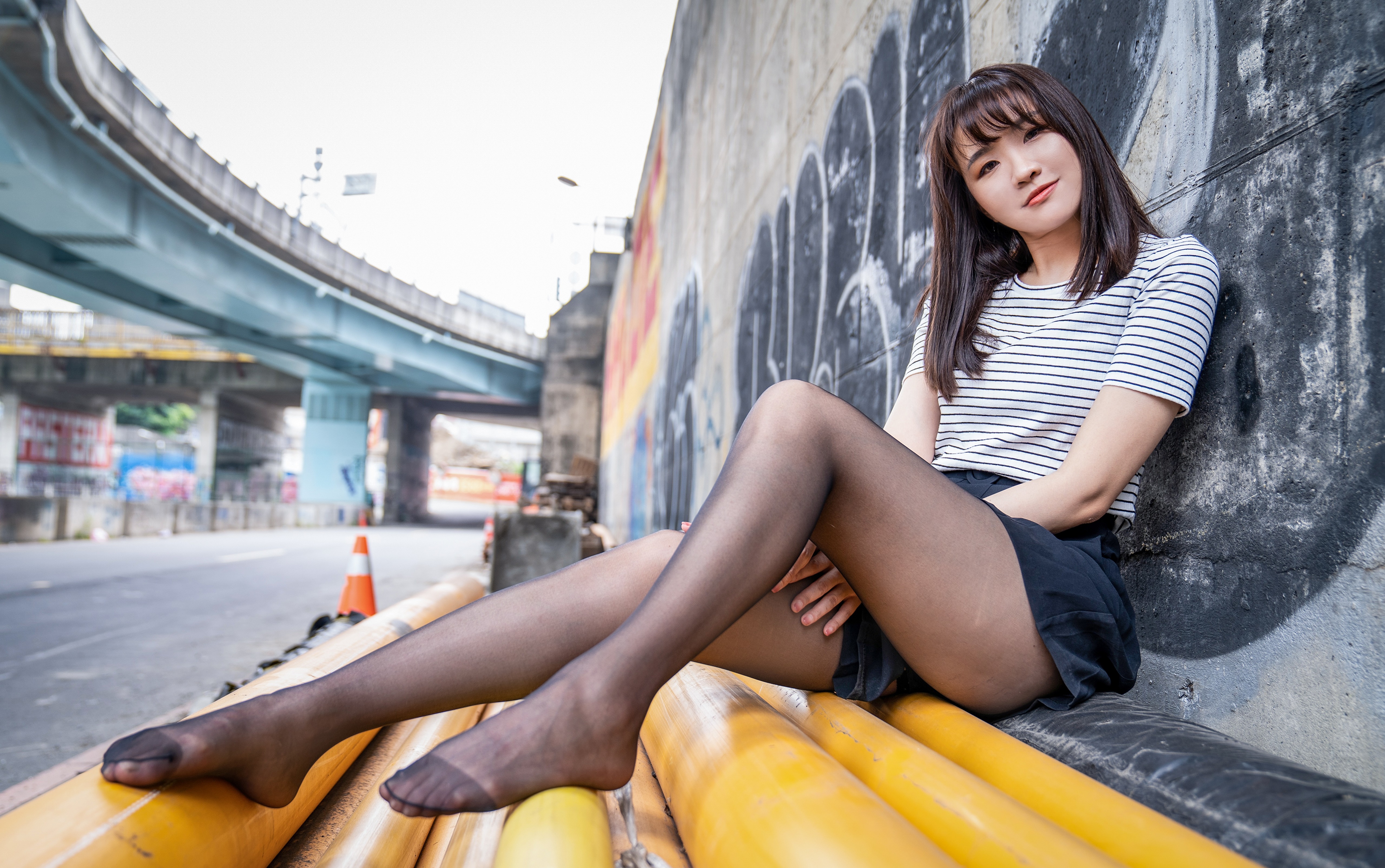 Asian Model Women Long Hair Dark Hair Nylons Sitting Skirt Striped Shirt Leaning Wall Graffiti Bridg 5120x3209